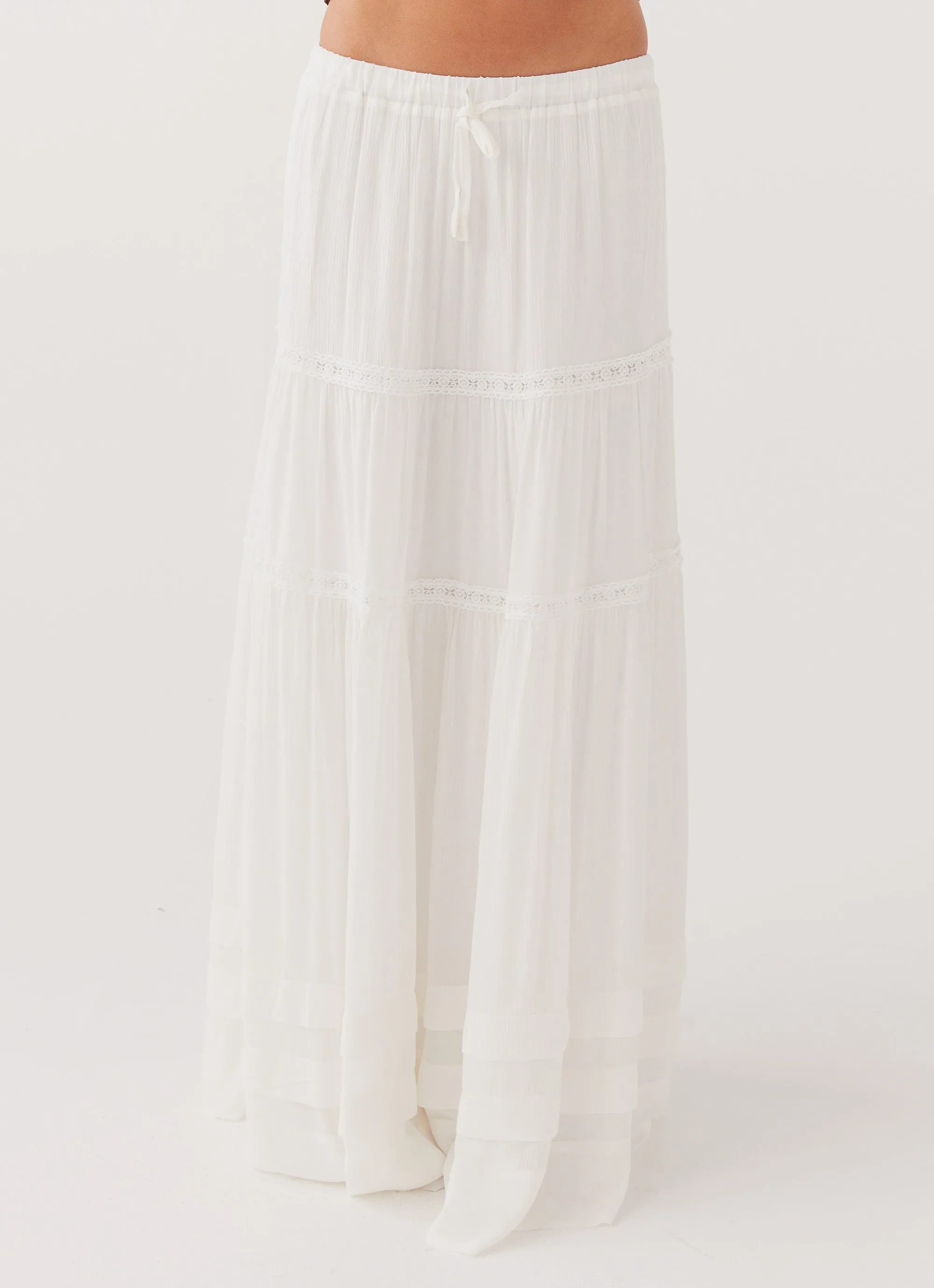 Moonstone Tiered Maxi Skirt - White Fresh Vibe Asymmetrical Cut