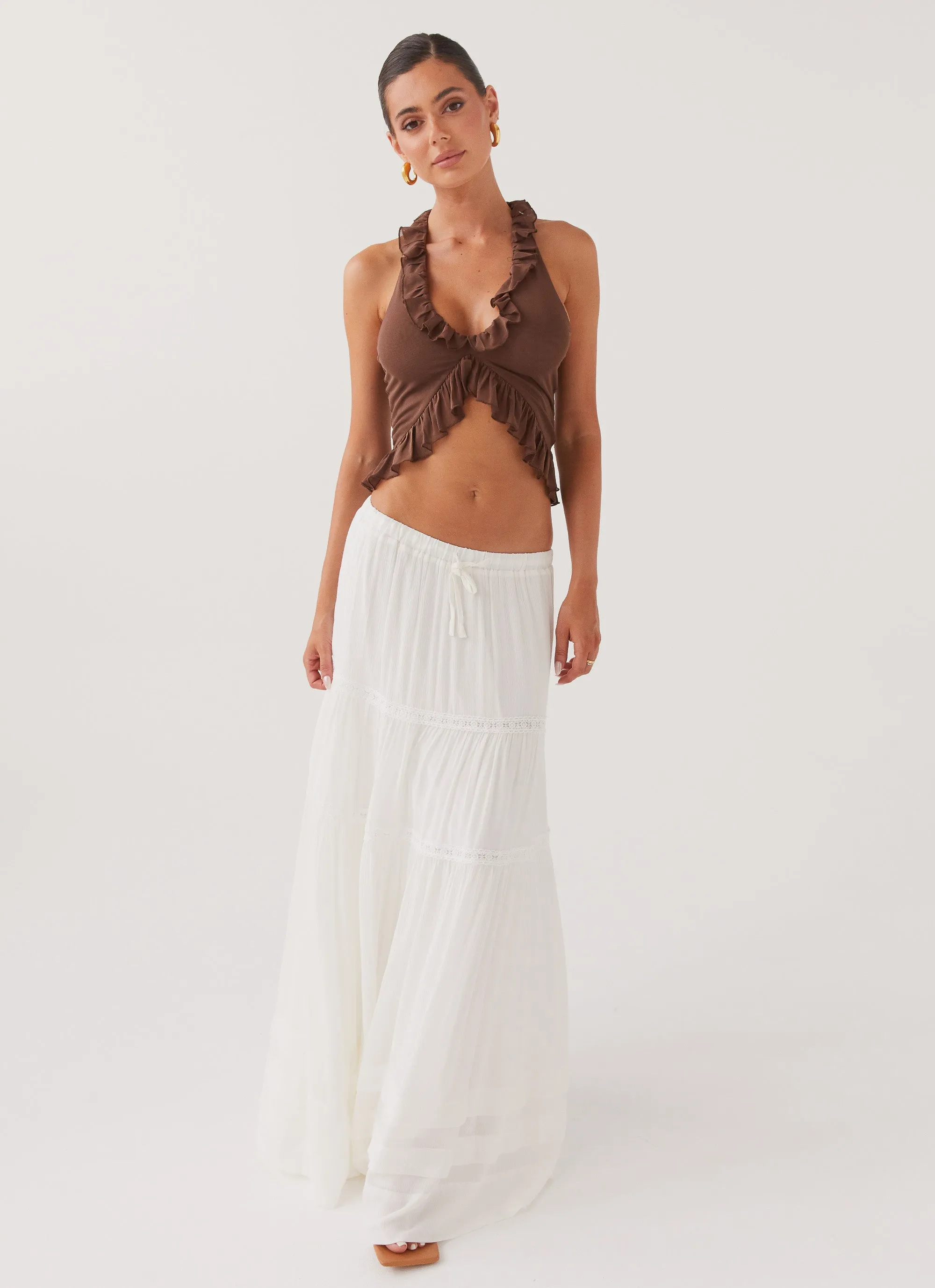Elasticized Hem Fashion Details Moonstone Tiered Maxi Skirt - White