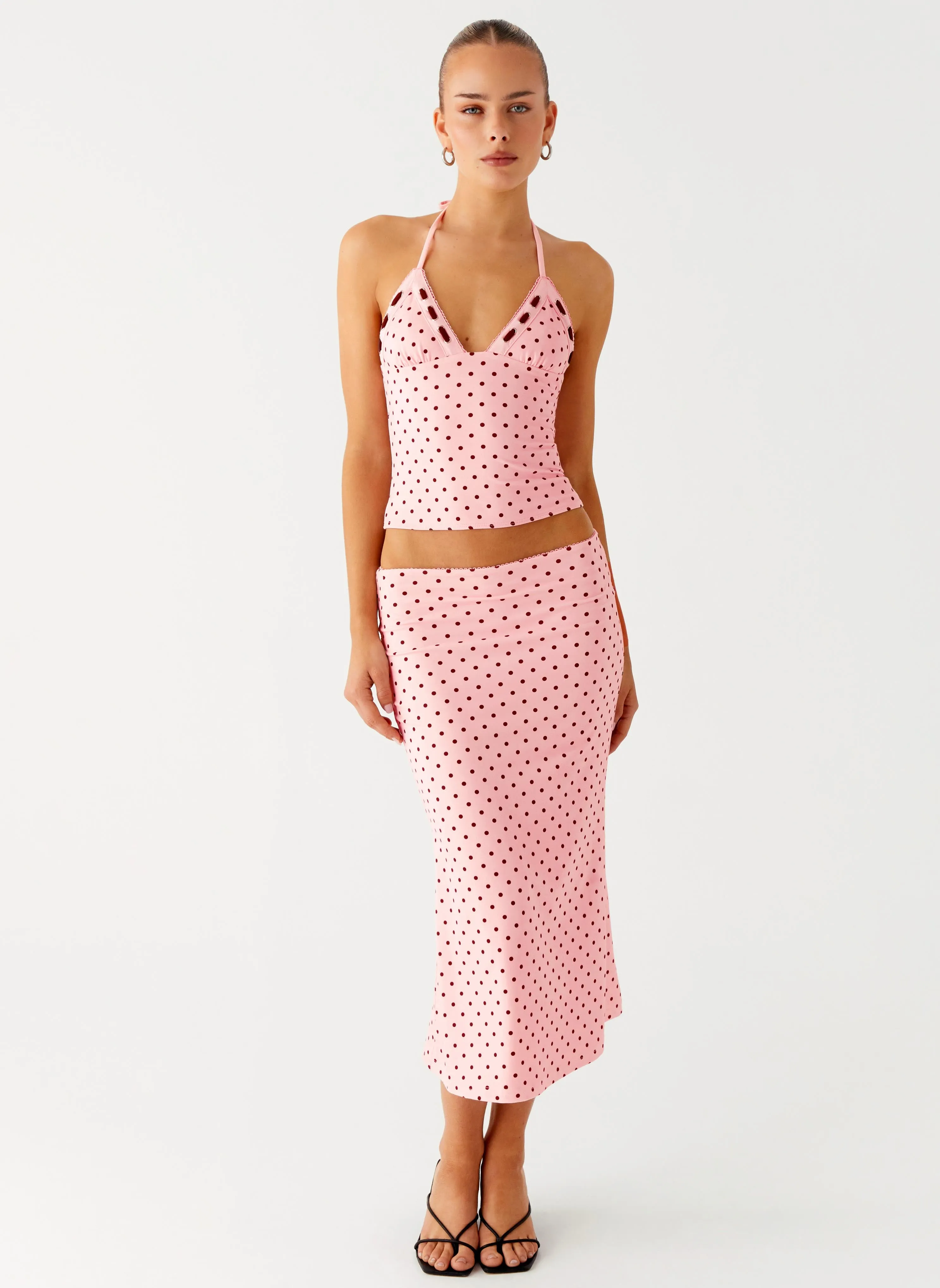 Abrasion resistant City Style Bahama Low Rise Midi Skirt - Strawberry Dot