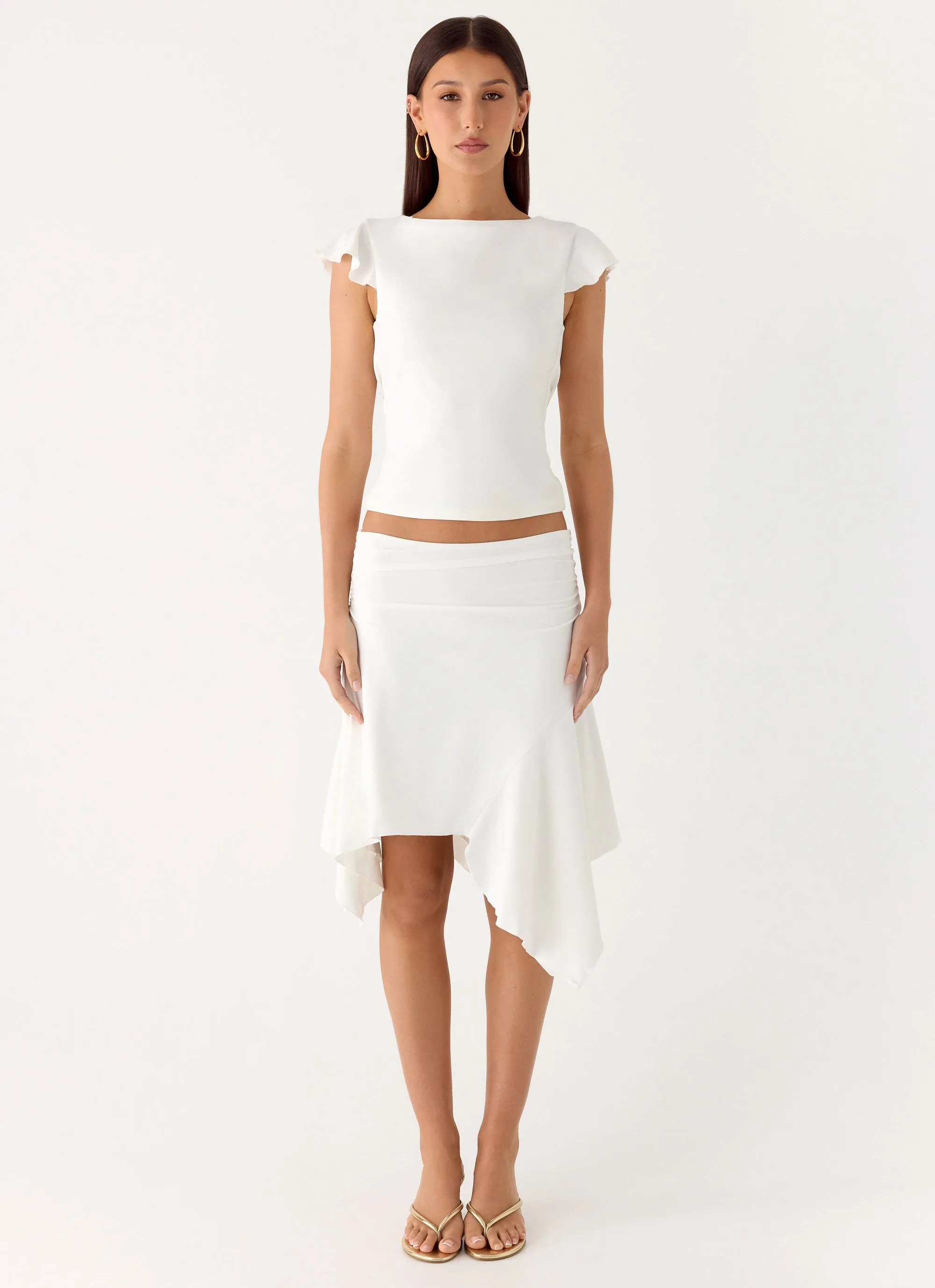 Maxina Asymmetrical Midi Skirt - White Weekend Outfit Crossback Strap