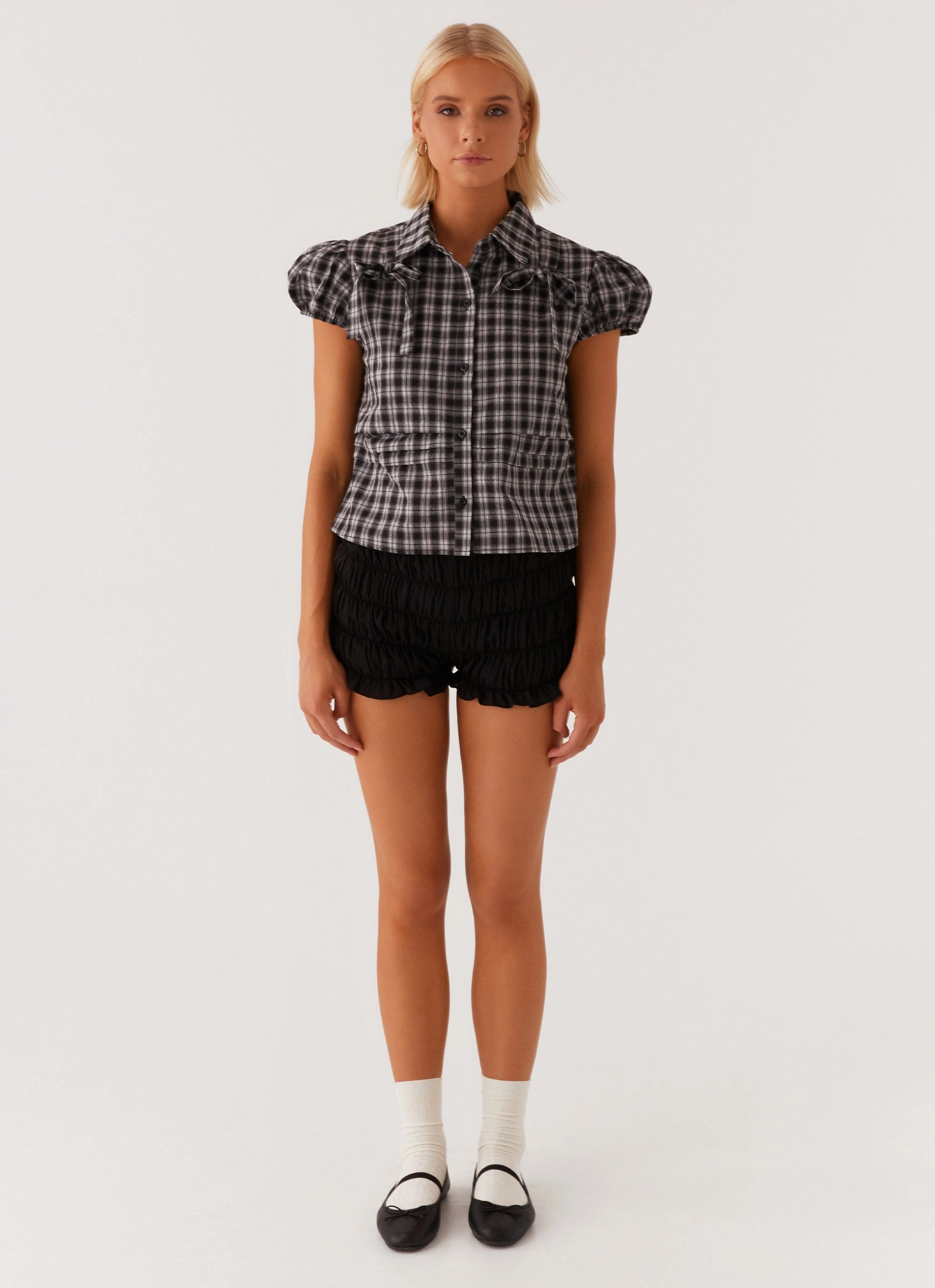 Lorraine Puff Sleeve Top - Black White Check SecurePockets Multipurpose Design