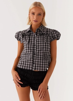 Recycled Polyester Fabric Lorraine Puff Sleeve Top - Black White Check