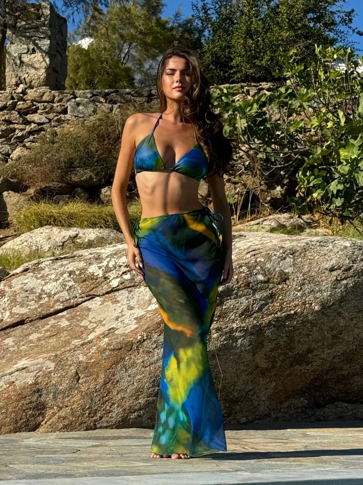 Malibu Sheer Beach Maxi Skirt / Blue and Green Art Gallery Visit