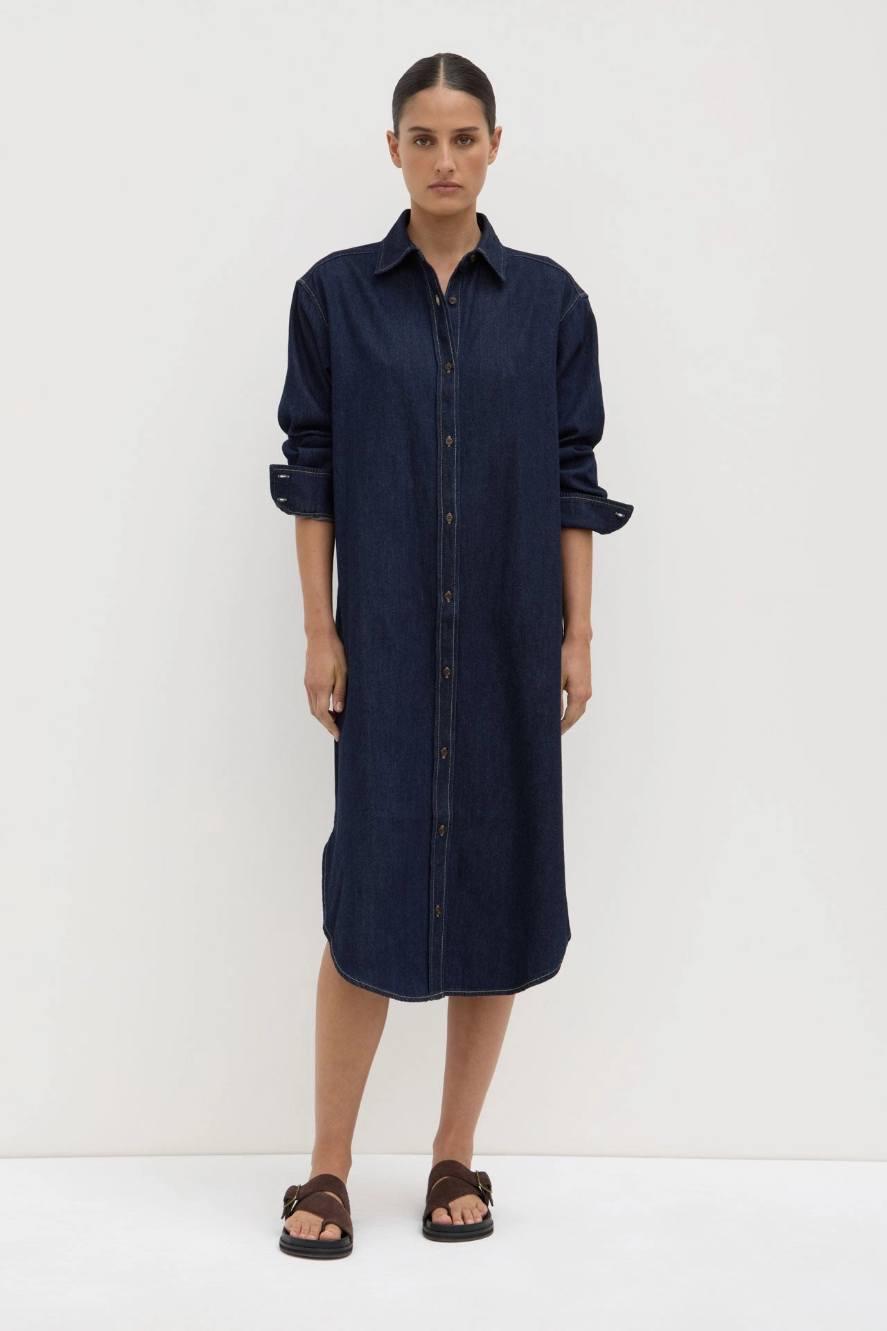 Kiera Recycled Denim Midi Shirt Dress Crisp Silhouette Layering Fit