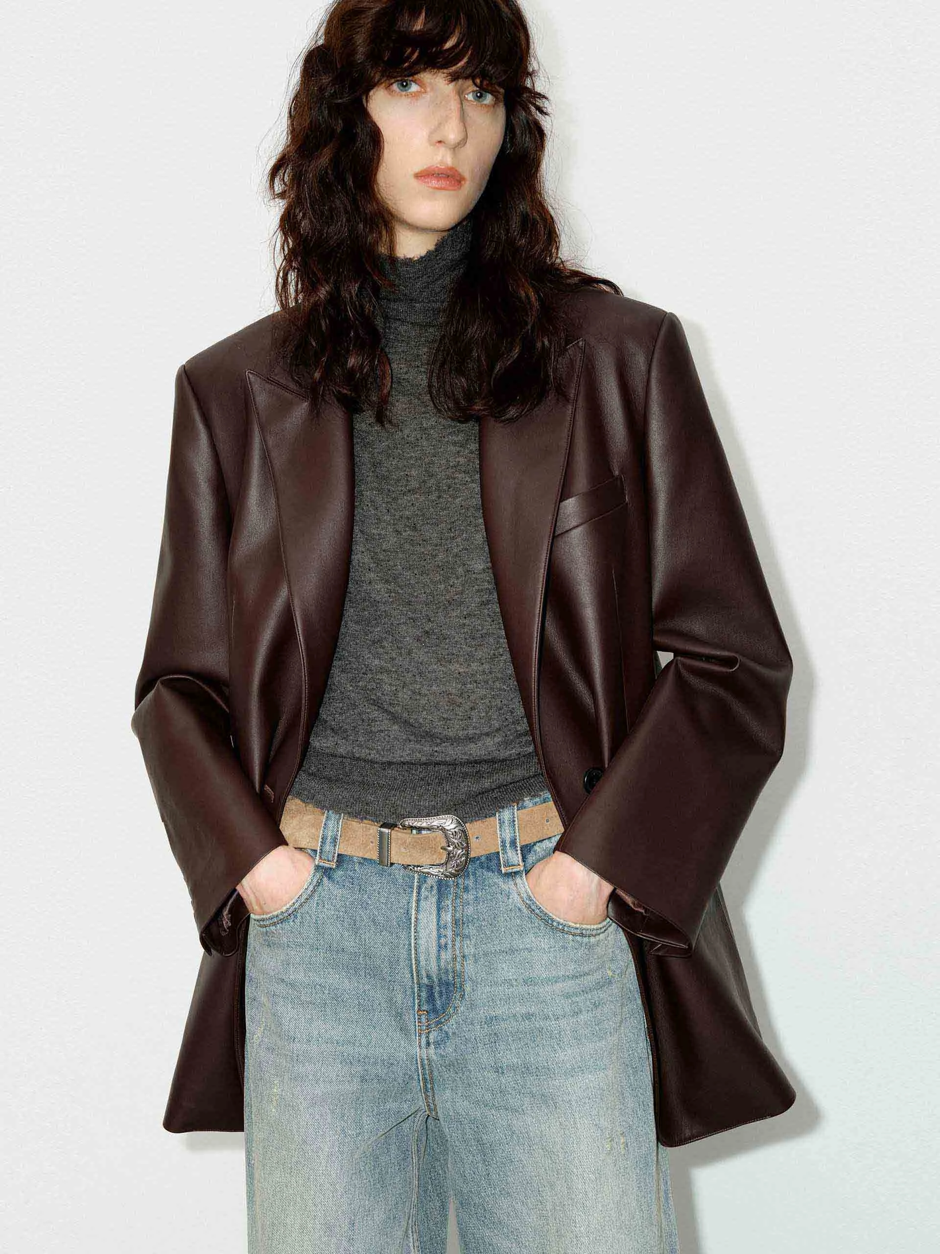 Oversized Leather Blazer Essential Casual Look Softshell Construction