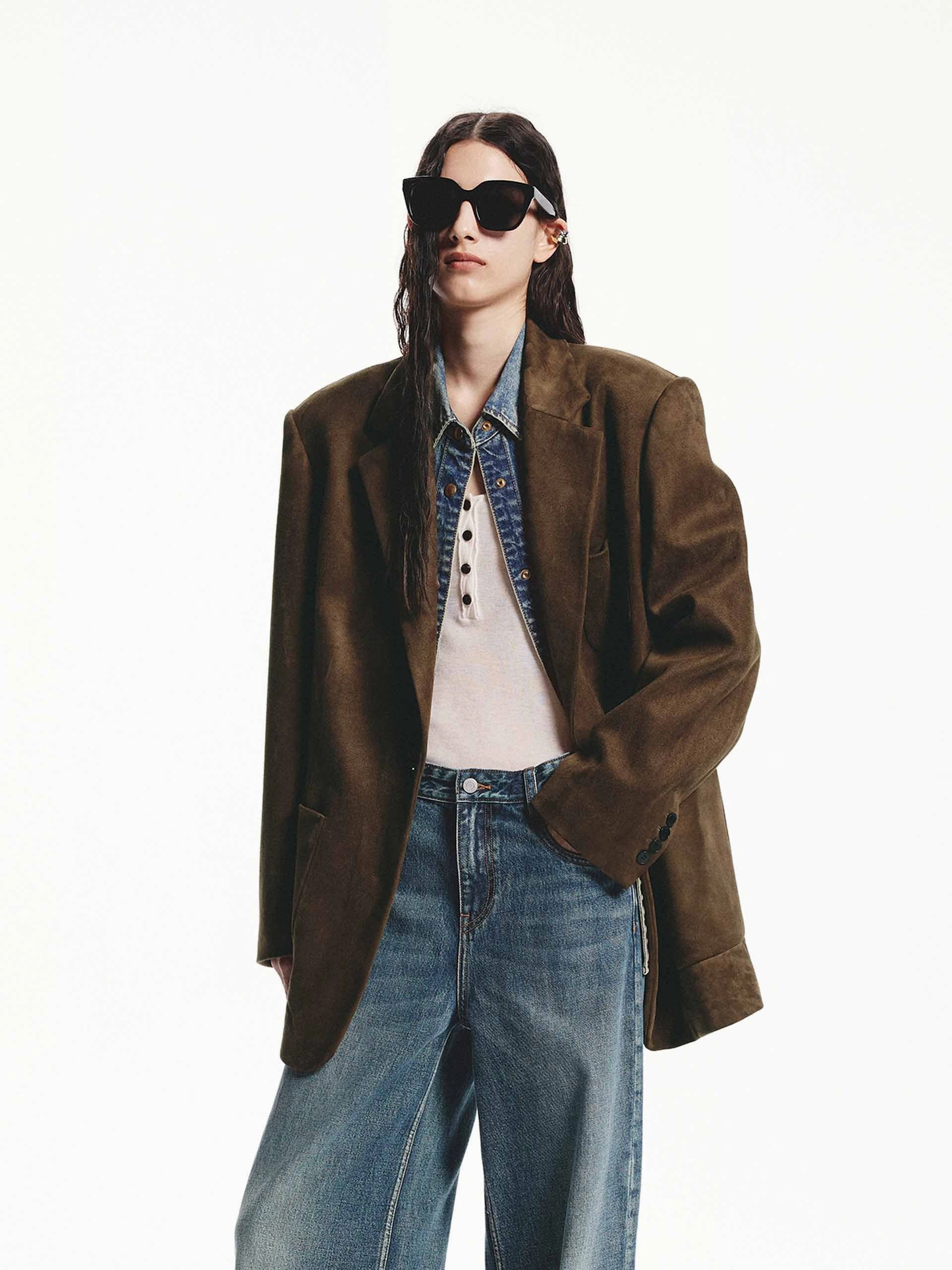 Oversized Suede Blazer Checkered Style