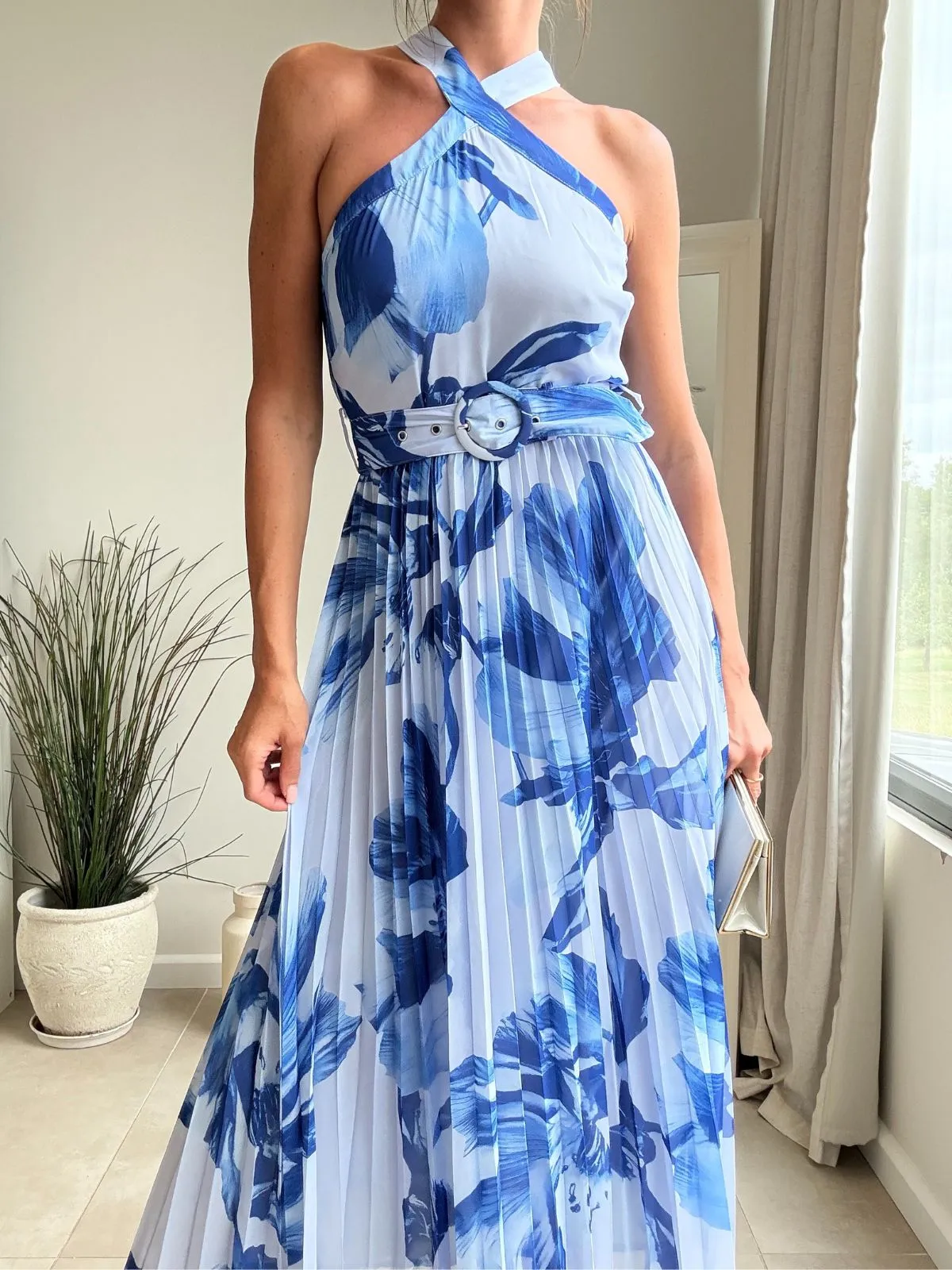 Modern Waistband Summer Ready Paige Halter Pleated Belted Dress / Blue Floral