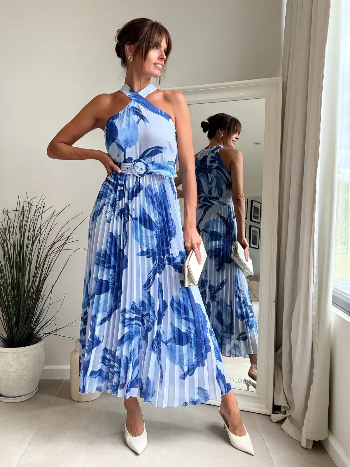 Fitted Look Paige Halter Pleated Belted Dress / Blue Floral