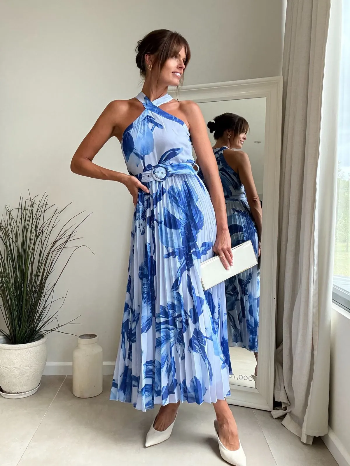 Contrast-Lining Paige Halter Pleated Belted Dress / Blue Floral