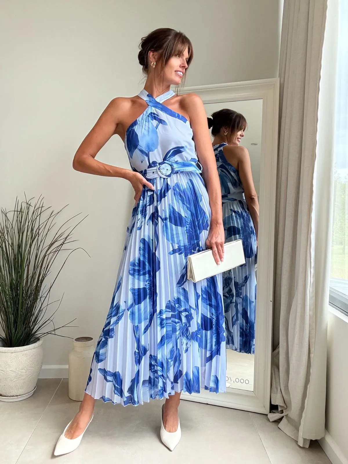 Paige Halter Pleated Belted Dress / Blue Floral Casual Chic