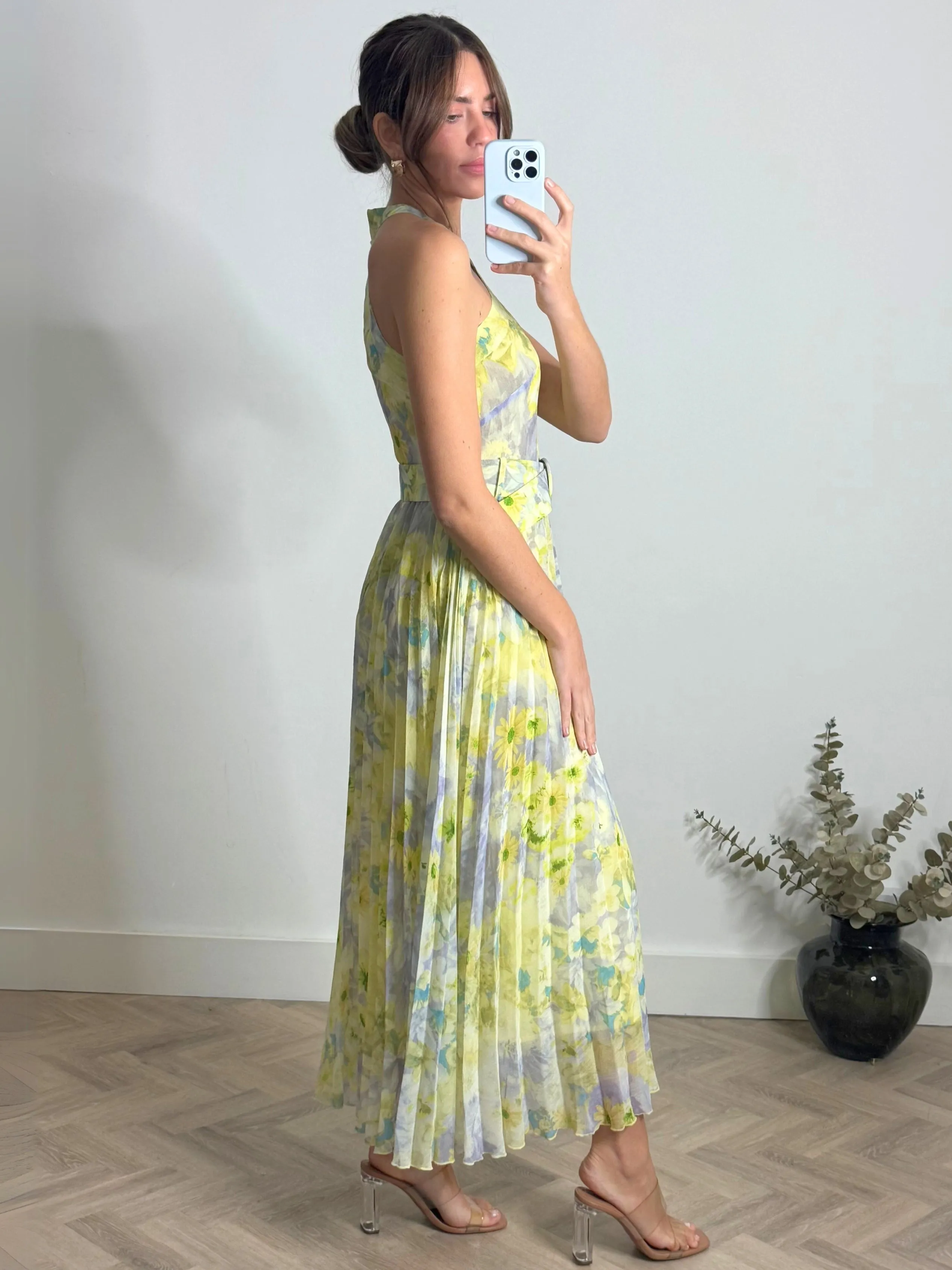 Paige Halter Pleated Belted Dress / Lemon Floral Flowing Design
