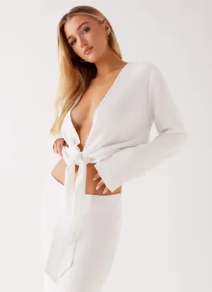 Reinforced Buttonholes Linen Blend Fabric Parker Linen Knotted Top - White