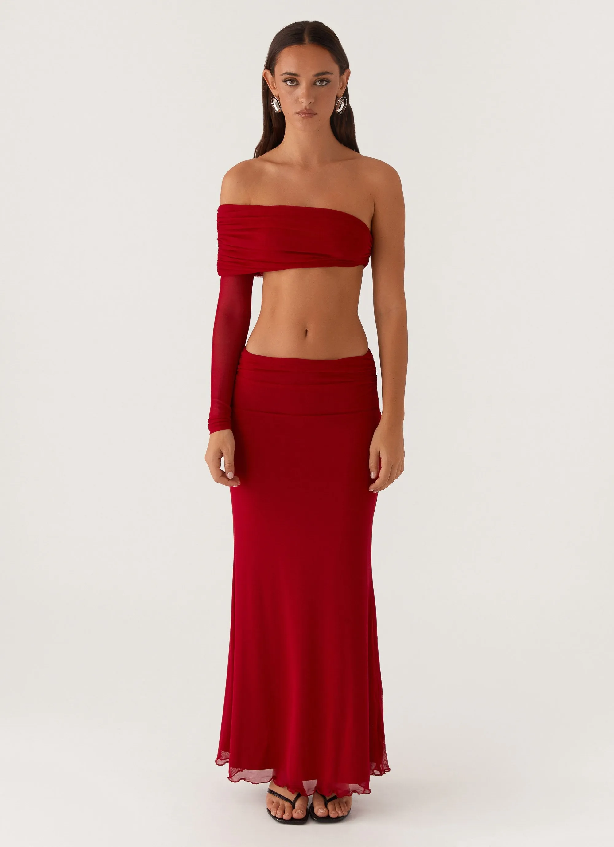 Rayne Maxi Skirt - Red Abstract Motif Breezy Edge