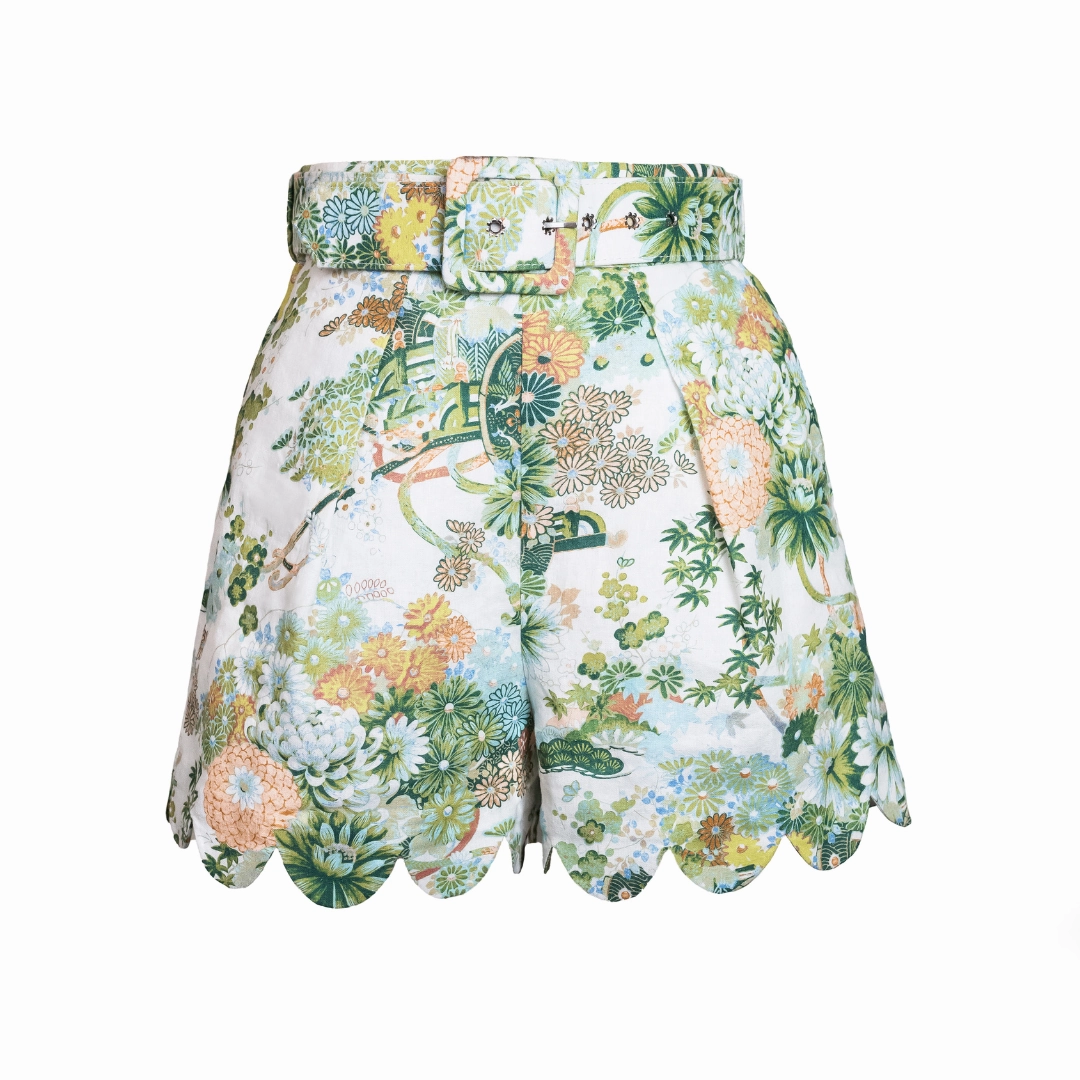 MASON'S DAUGHTER | Belted Scallop Shorts, Spring Chinoiserie Basic Style Erasable Logo Patch