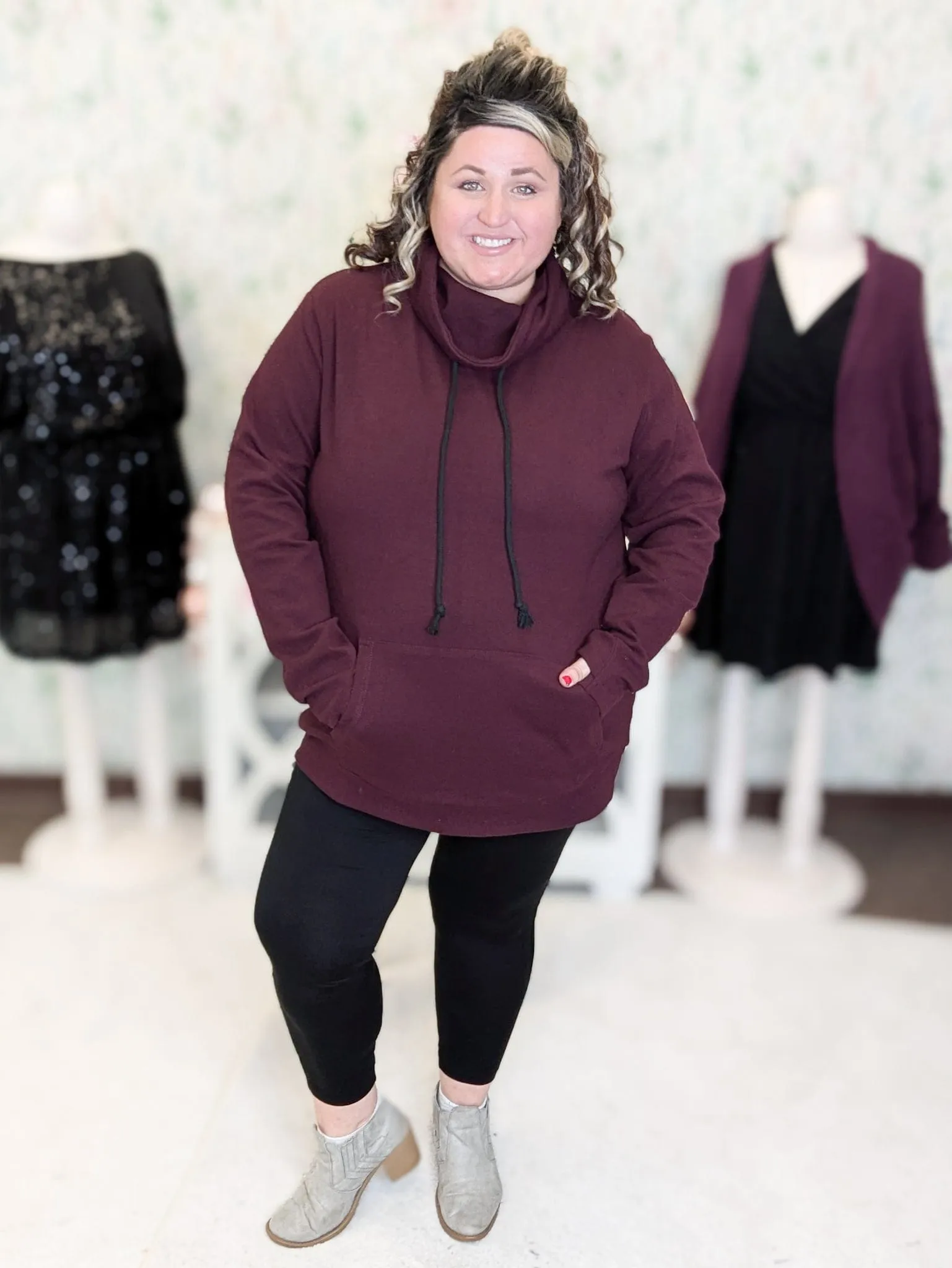 PHC- Triple Stretch Funnelneck Pullover in Deep Dark Plum