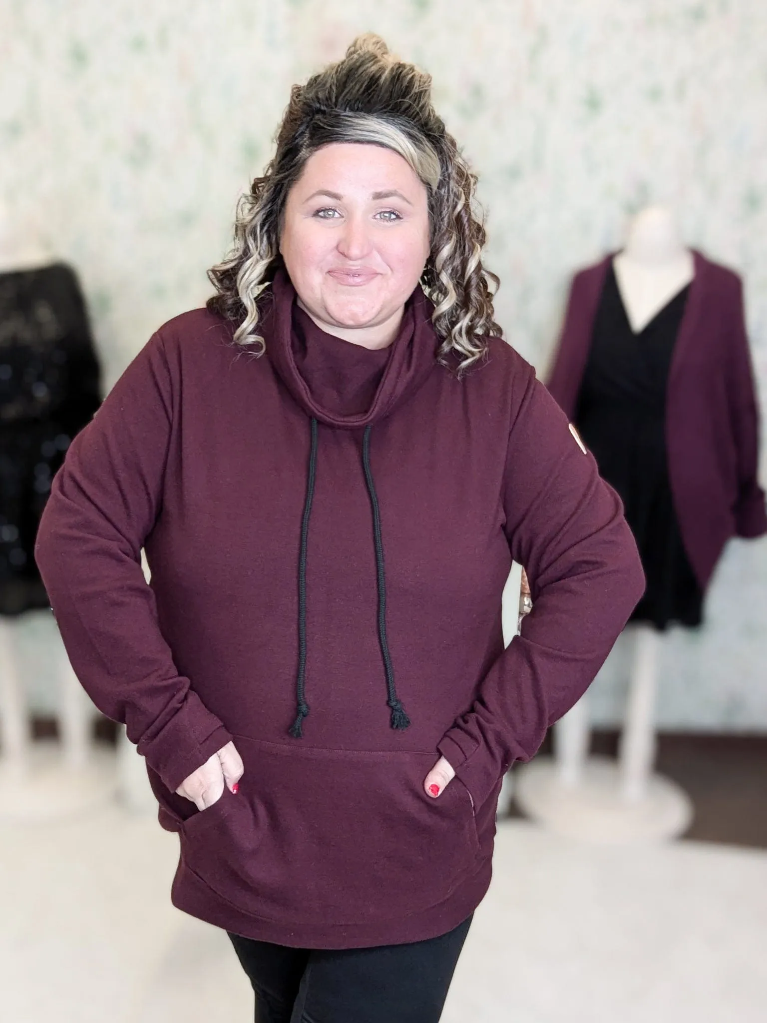 PHC- Triple Stretch Funnelneck Pullover in Deep Dark Plum