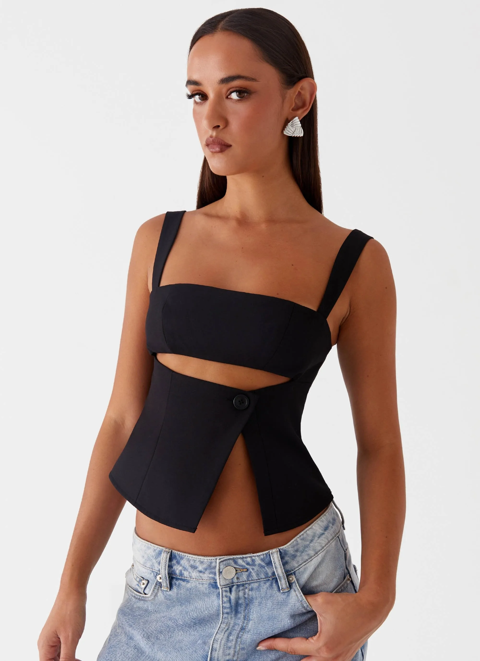 Pia Cut Out Top - Black Garment Washed Ergonomic Shoulder Cut