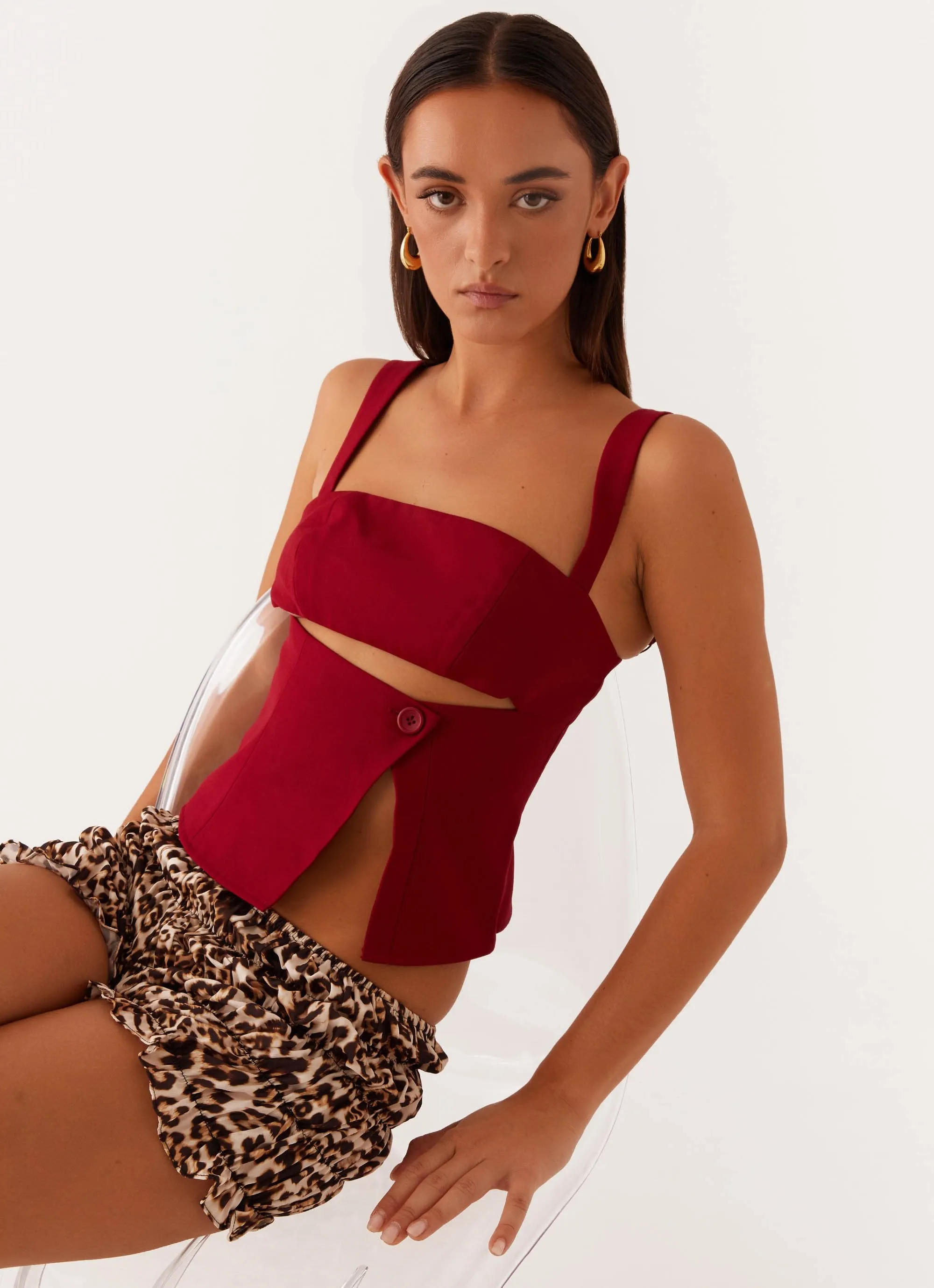 Compact Weave Fabric Relaxed Top Pia Cut Out Top - Red