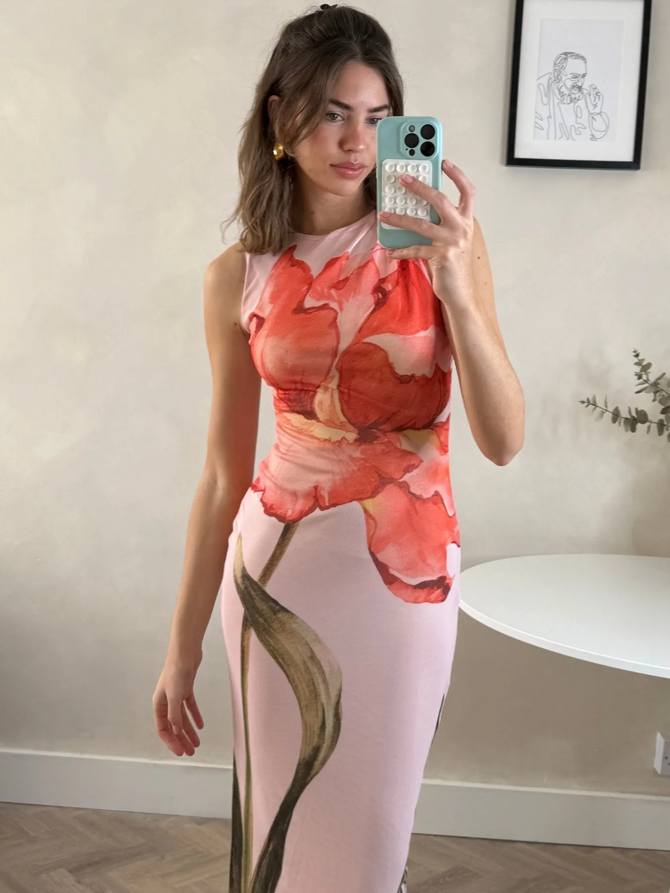 Premium Material Placement Floral Maxi dress in Pink