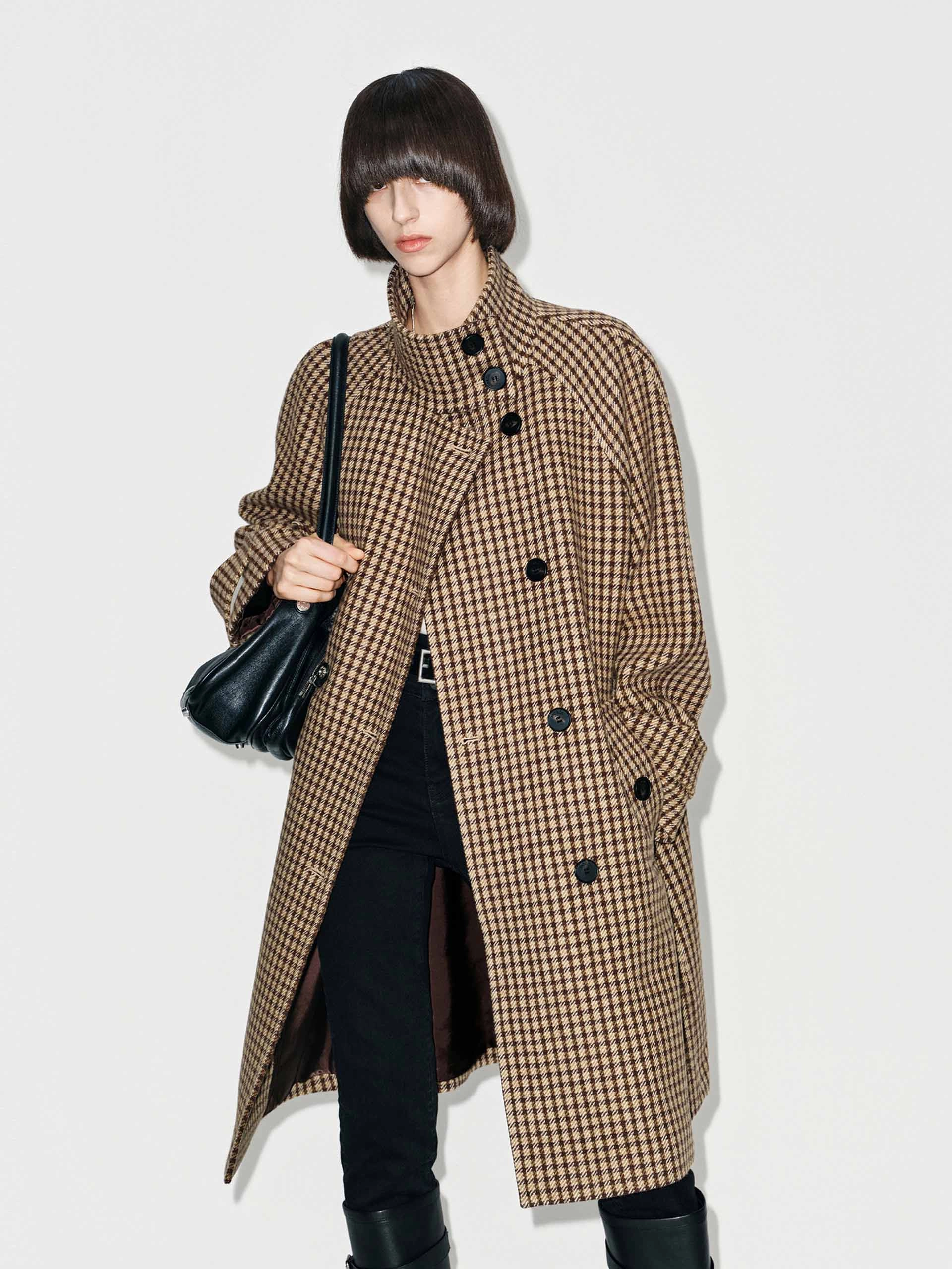Plaid Button Wool Coat Light Protection