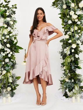 Cold Shoulder Midi Wrap Satin Dress / Blush Beach Walk