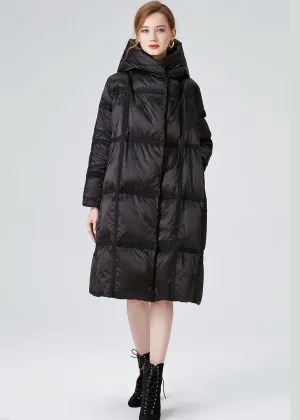 Plus Size Black Hooded Zip Up Duck Down Jacket In Winter