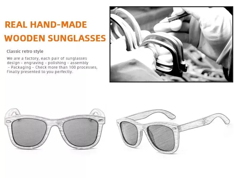 Polarized Wooden Mirror Lens Sunglasses with UV400 Protection - Vintage Style Men's/Women's Square Bamboo Frames