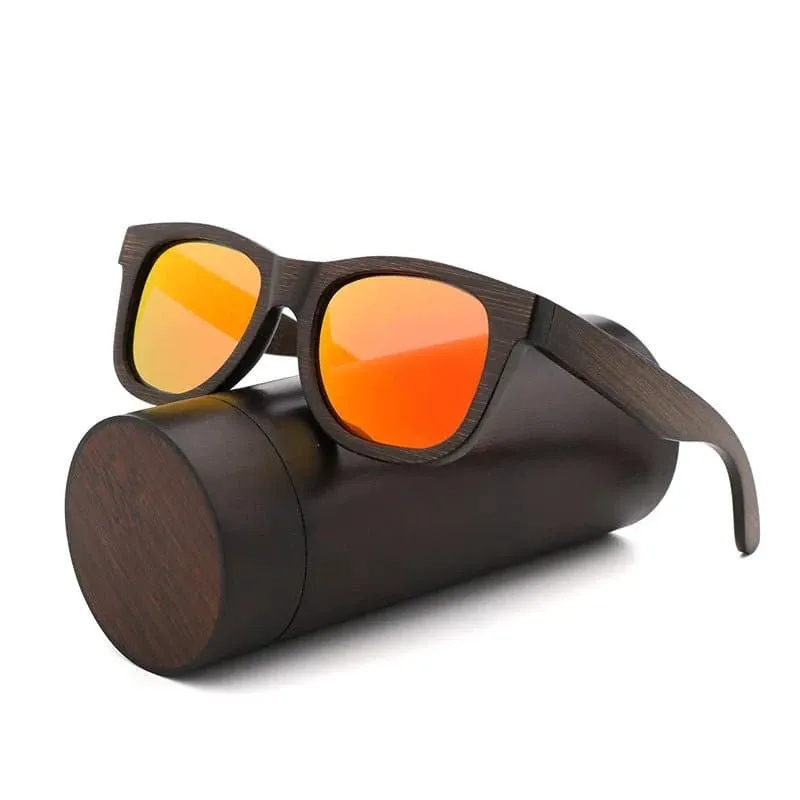 Polarized Wooden Mirror Lens Sunglasses with UV400 Protection - Vintage Style Men's/Women's Square Bamboo Frames