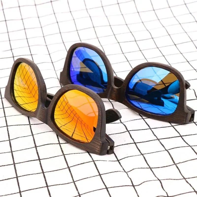 Polarized Wooden Mirror Lens Sunglasses with UV400 Protection - Vintage Style Men's/Women's Square Bamboo Frames