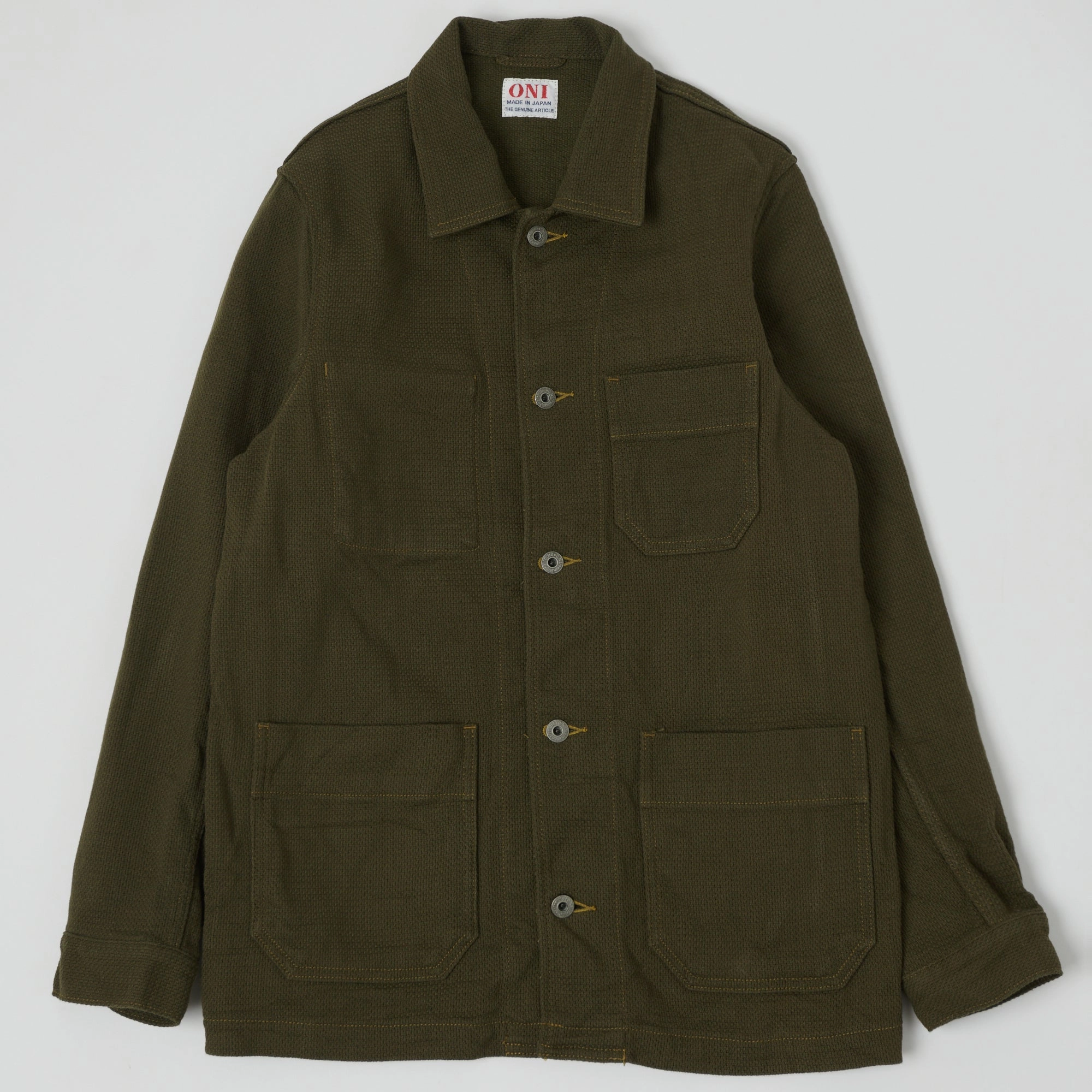 ONI Denim 03100-OLVDR Sashiko Dobby Coverall Jacket - Olive Drab Neutral Street Style Tapered Hem