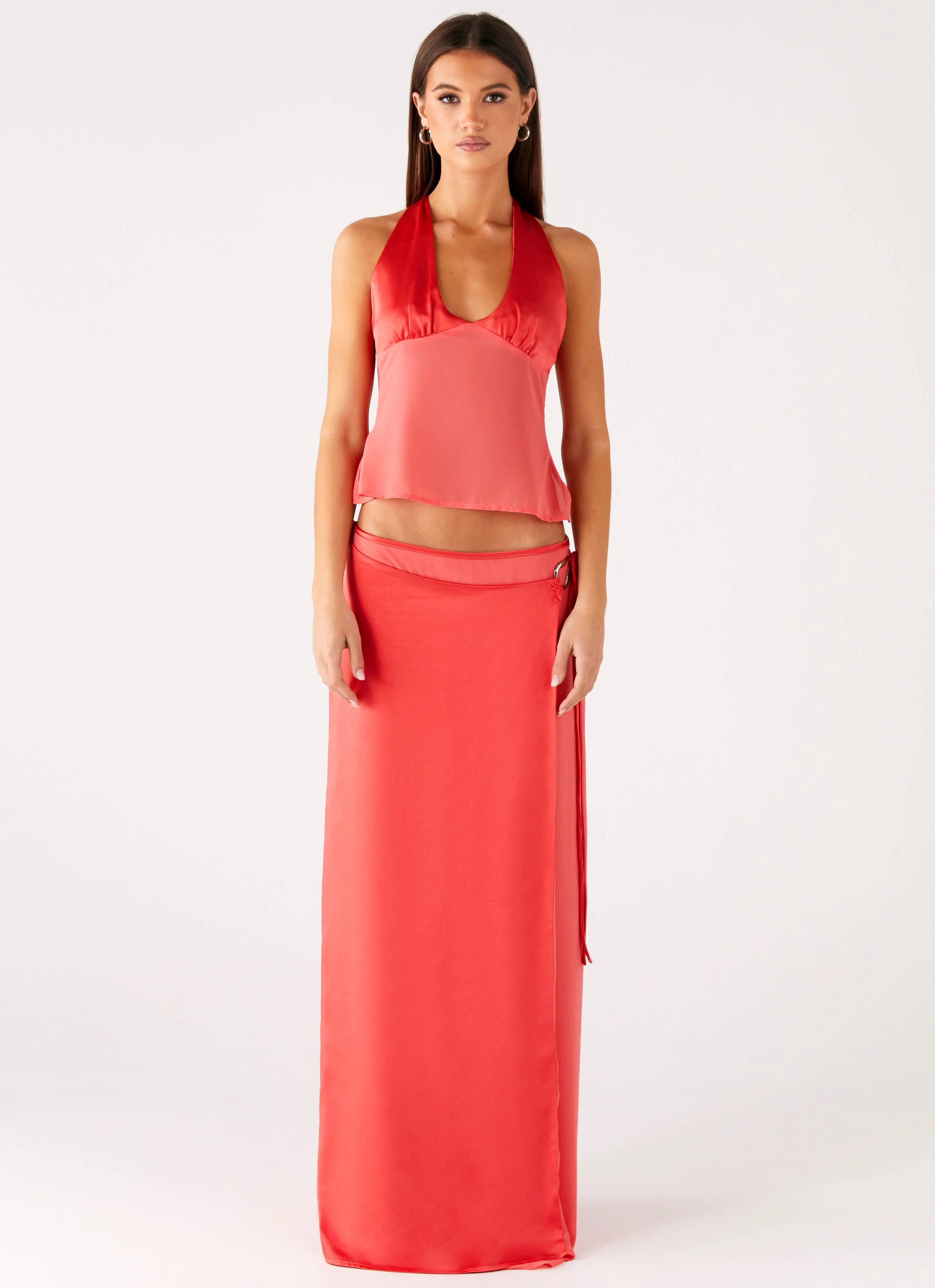 Summer Outfit Hip Skimming Pollie Wrap Maxi Skirt - Coral