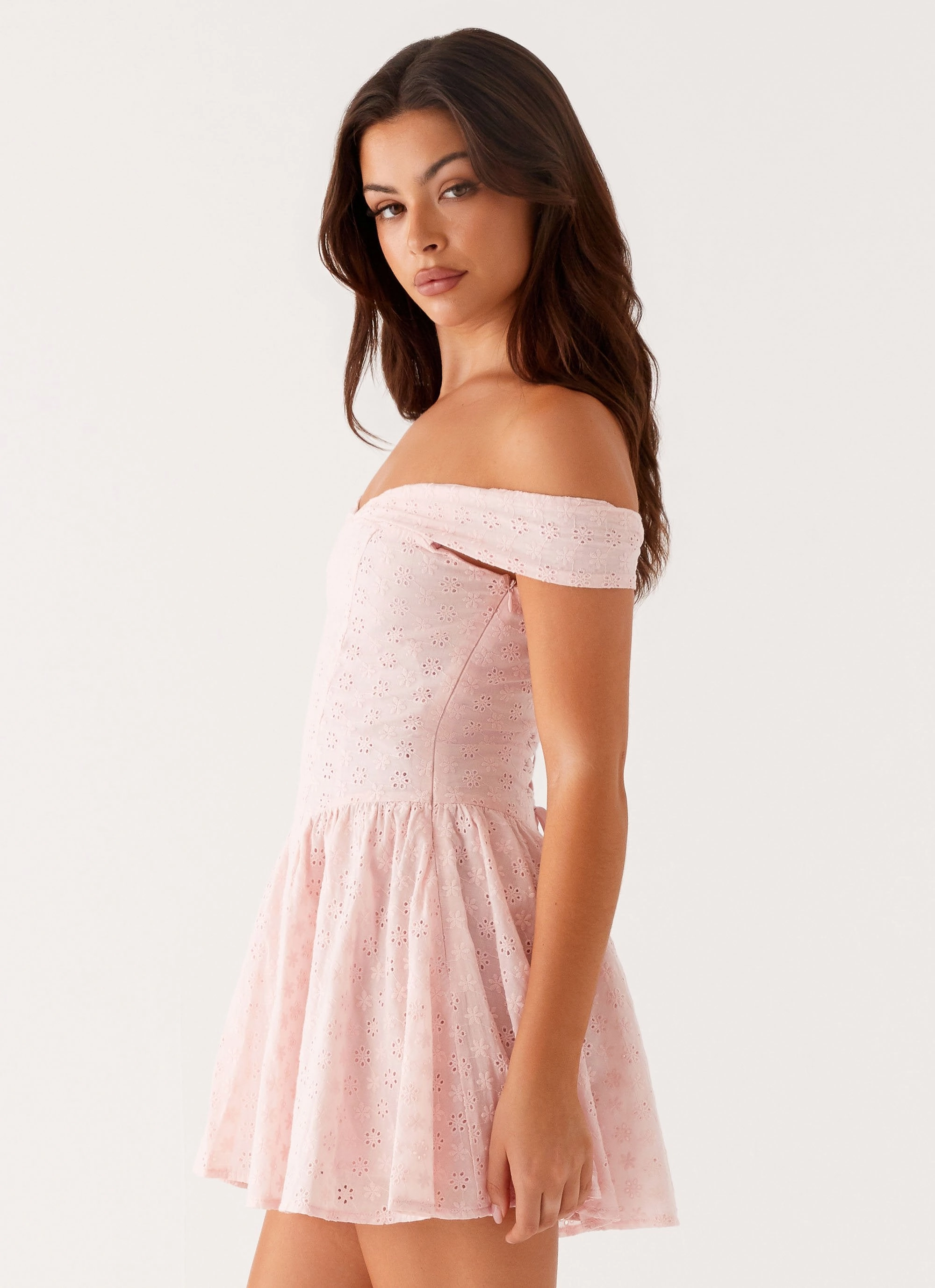Koa Off Shoulder Mini Dress - Peach Slim Touch Chill Mode