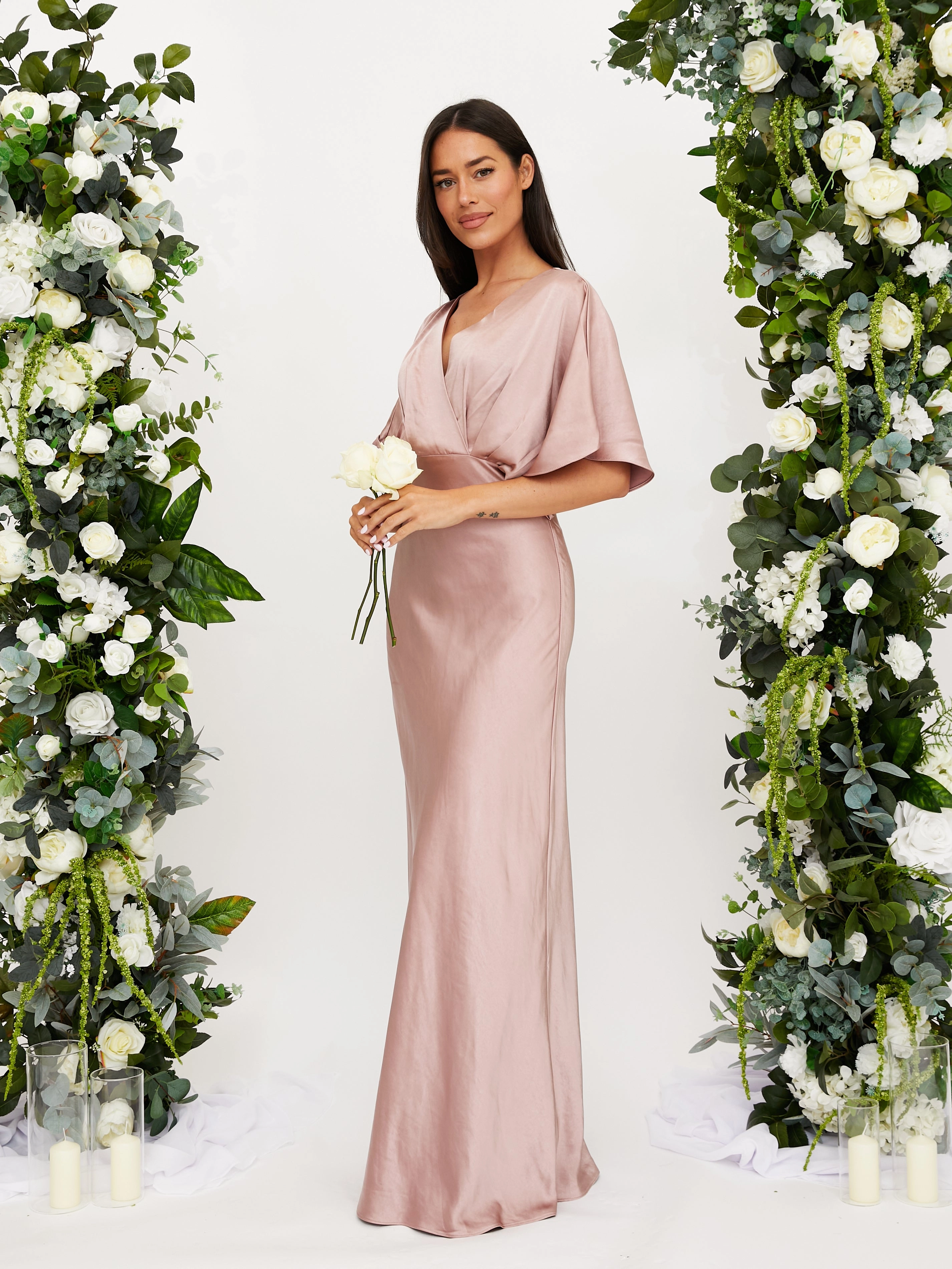 Beaded-Sleeve Angel Sleeve Maxi Satin Dress / Blush