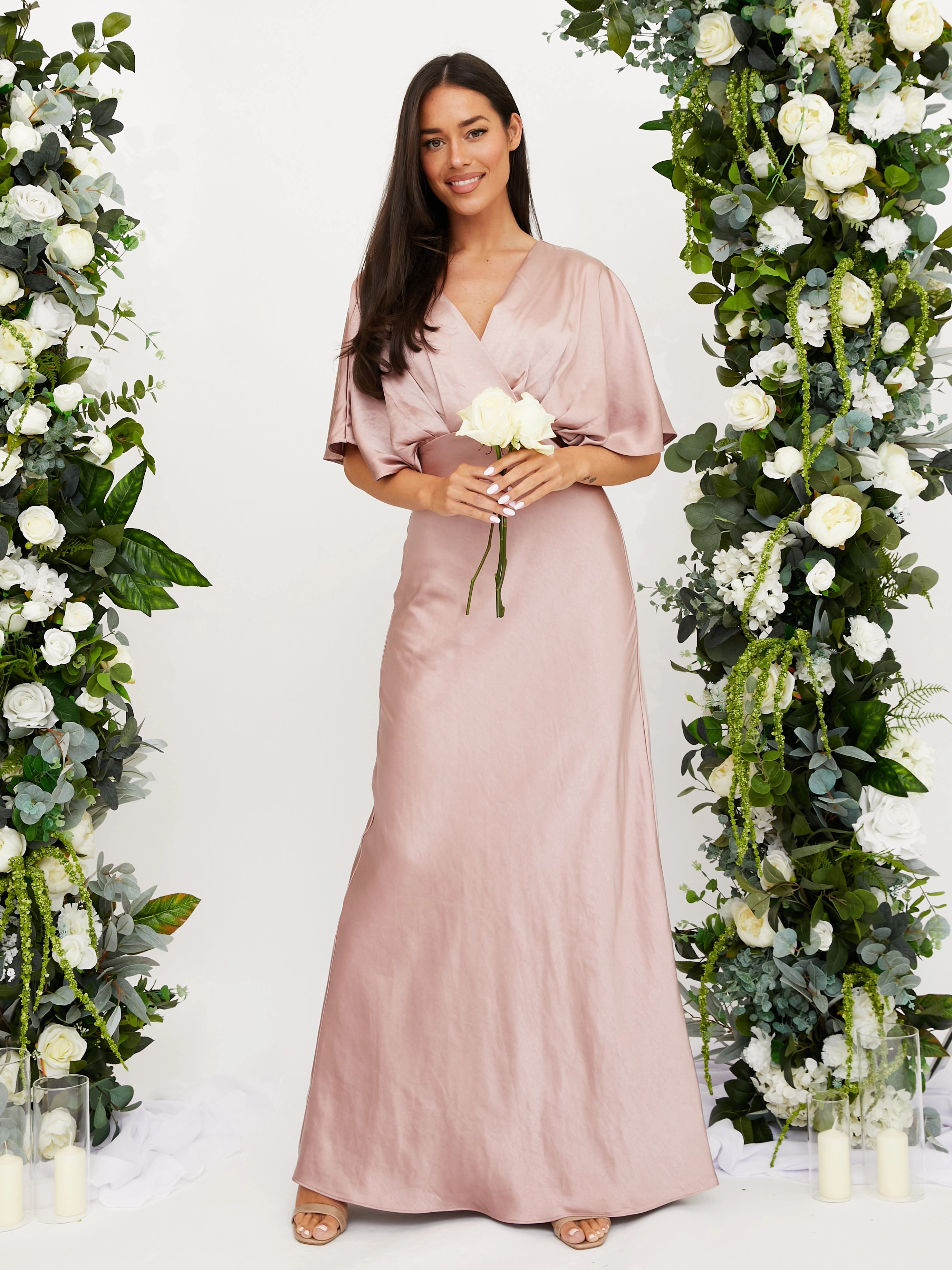 Clean Stitch Angel Sleeve Maxi Satin Dress / Blush