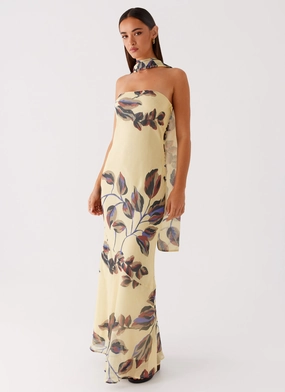 Under The Pagoda Maxi Dress - Buttercream Leaf Print Fine Texture Soft Air