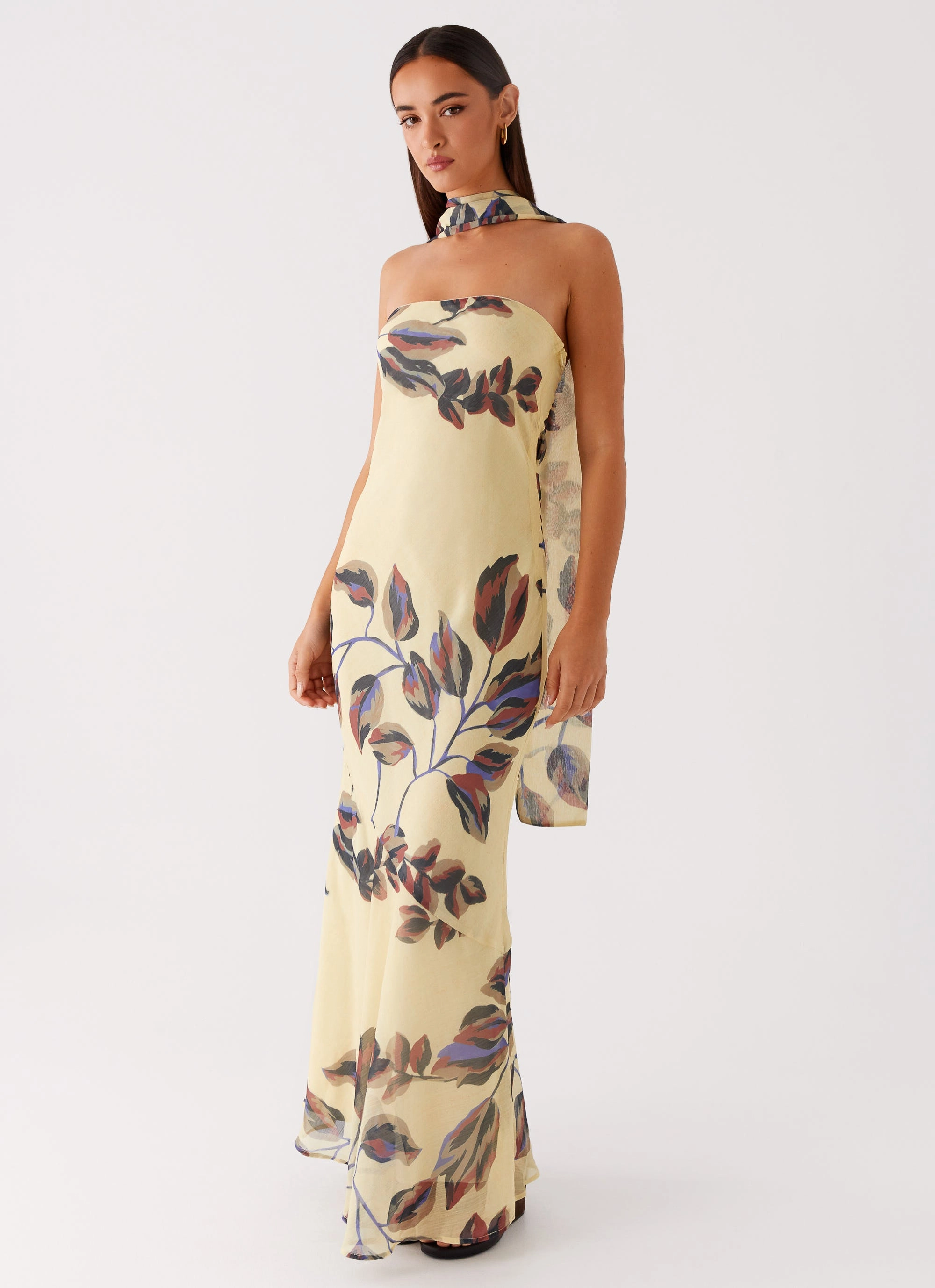 Under The Pagoda Maxi Dress - Buttercream Leaf Print Fine Texture Soft Air