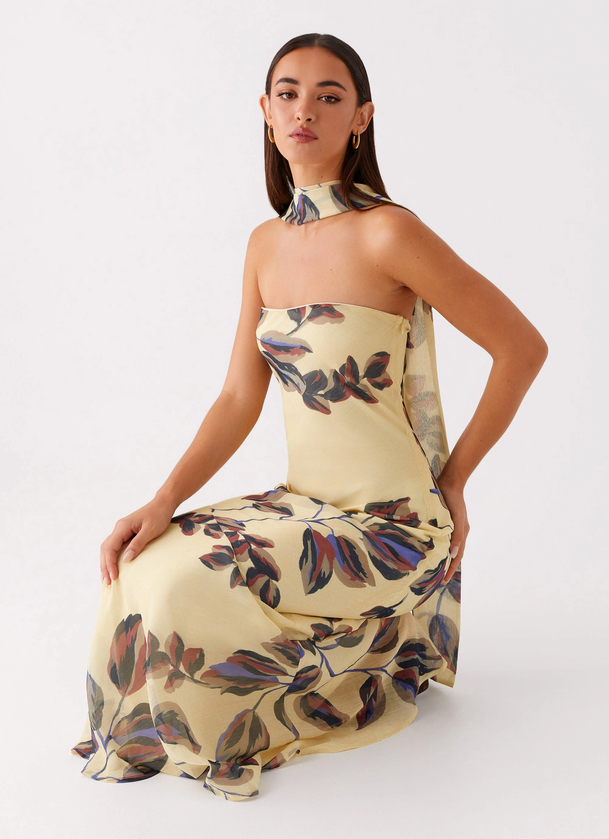 Under The Pagoda Maxi Dress - Buttercream Leaf Print Soft Gradient