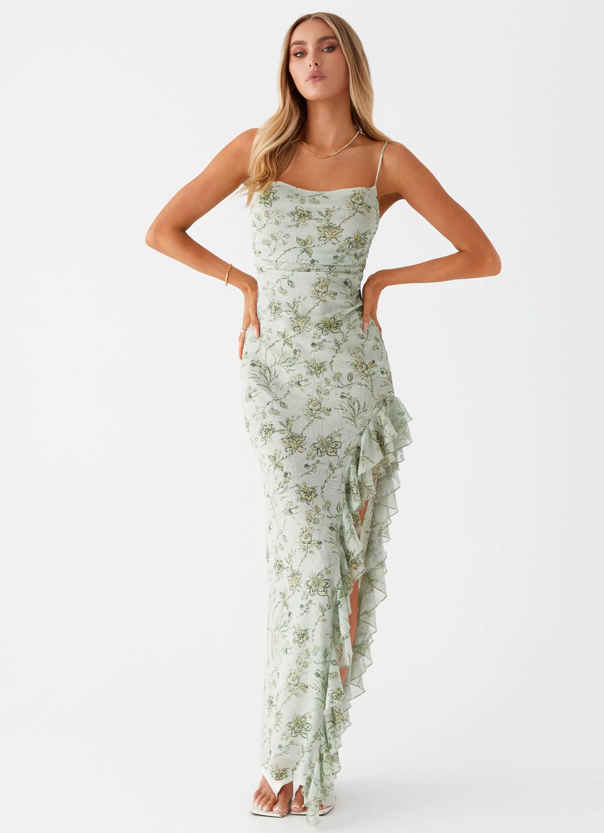 Princessa Maxi Dress - Sage Floral Asymmetrical Cut