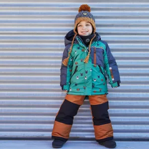 Printed Little Dogs Two Piece Boys Snowsuit Green And Brown | DEUX PAR DEUX