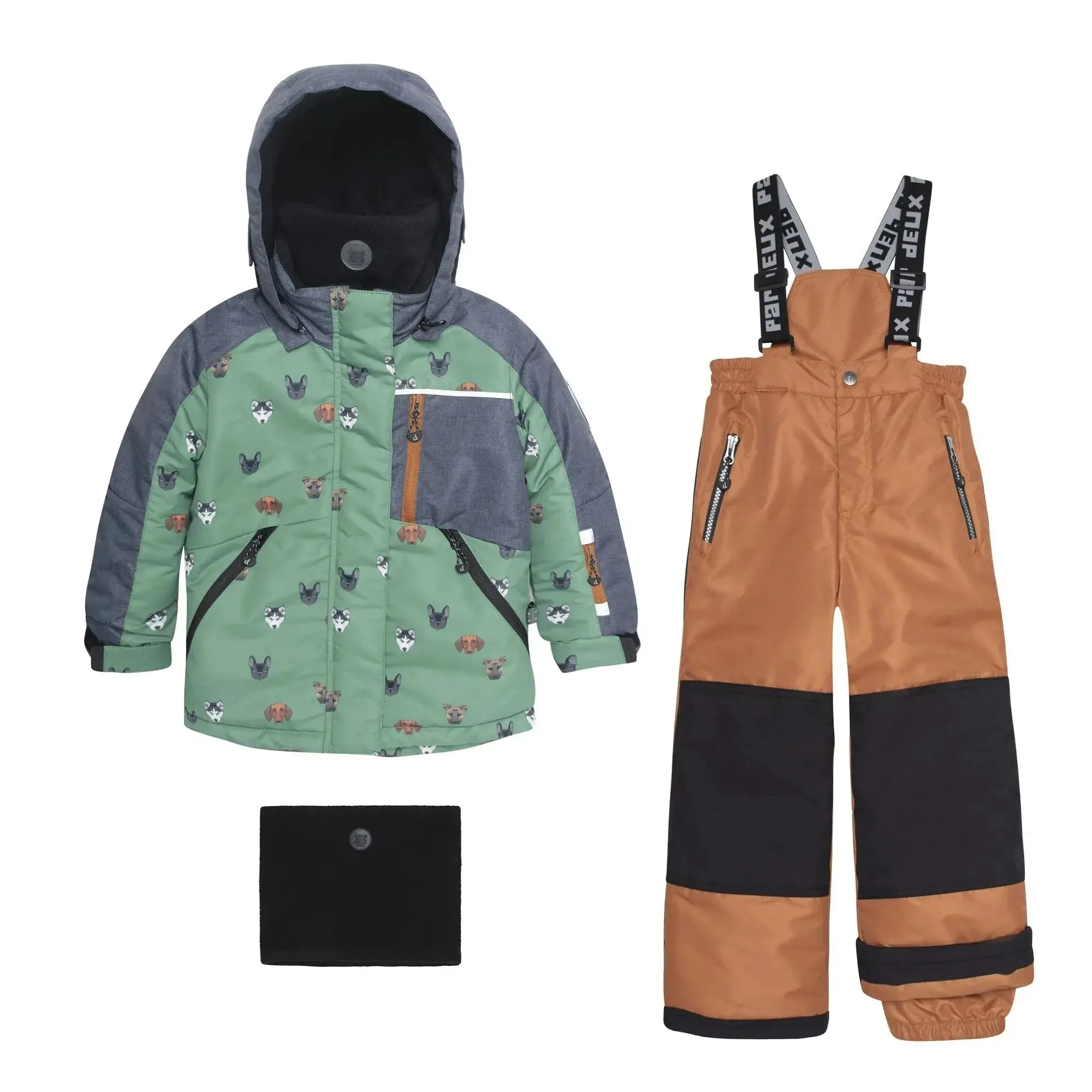 Printed Little Dogs Two Piece Boys Snowsuit Green And Brown | DEUX PAR DEUX