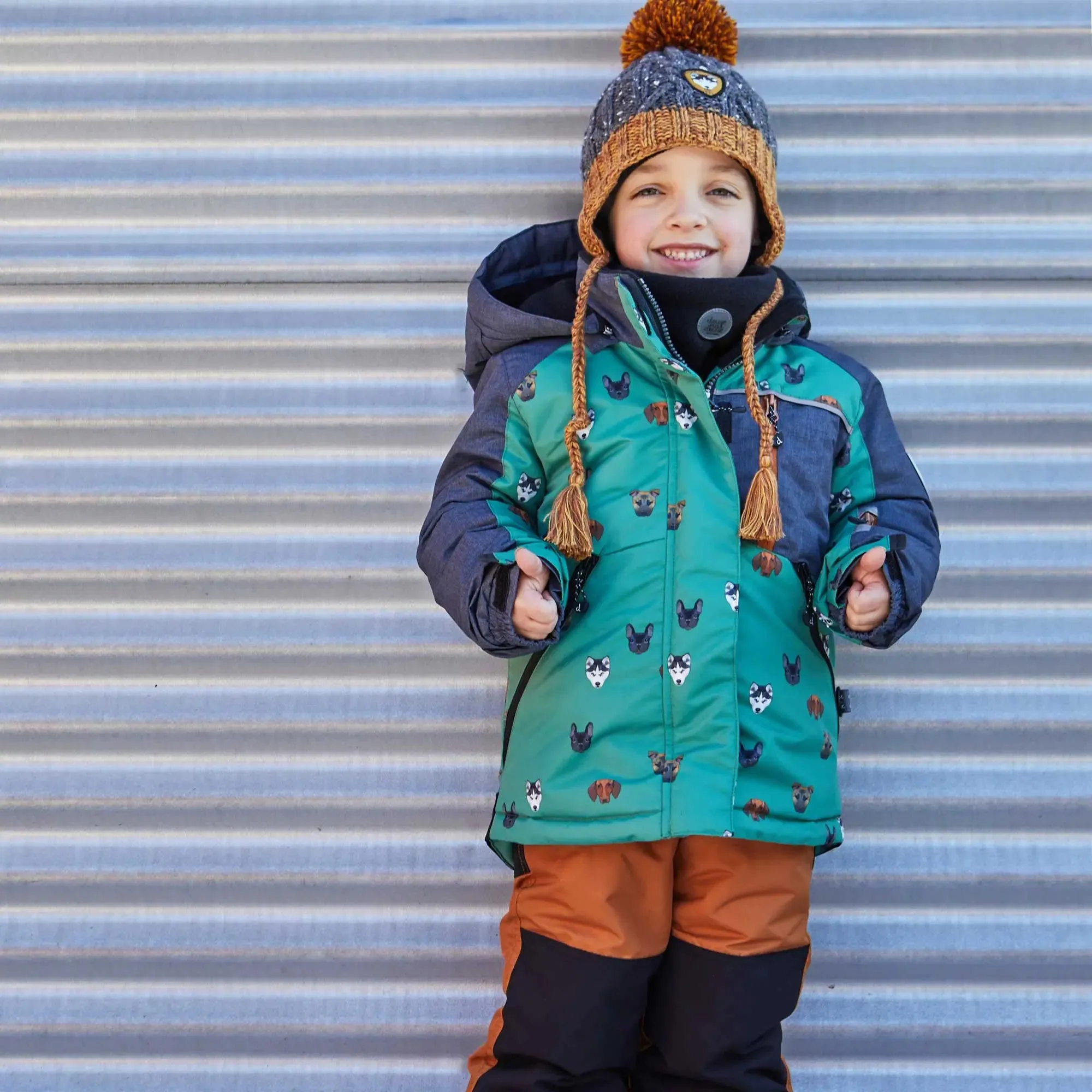 Printed Little Dogs Two Piece Boys Snowsuit Green And Brown | DEUX PAR DEUX