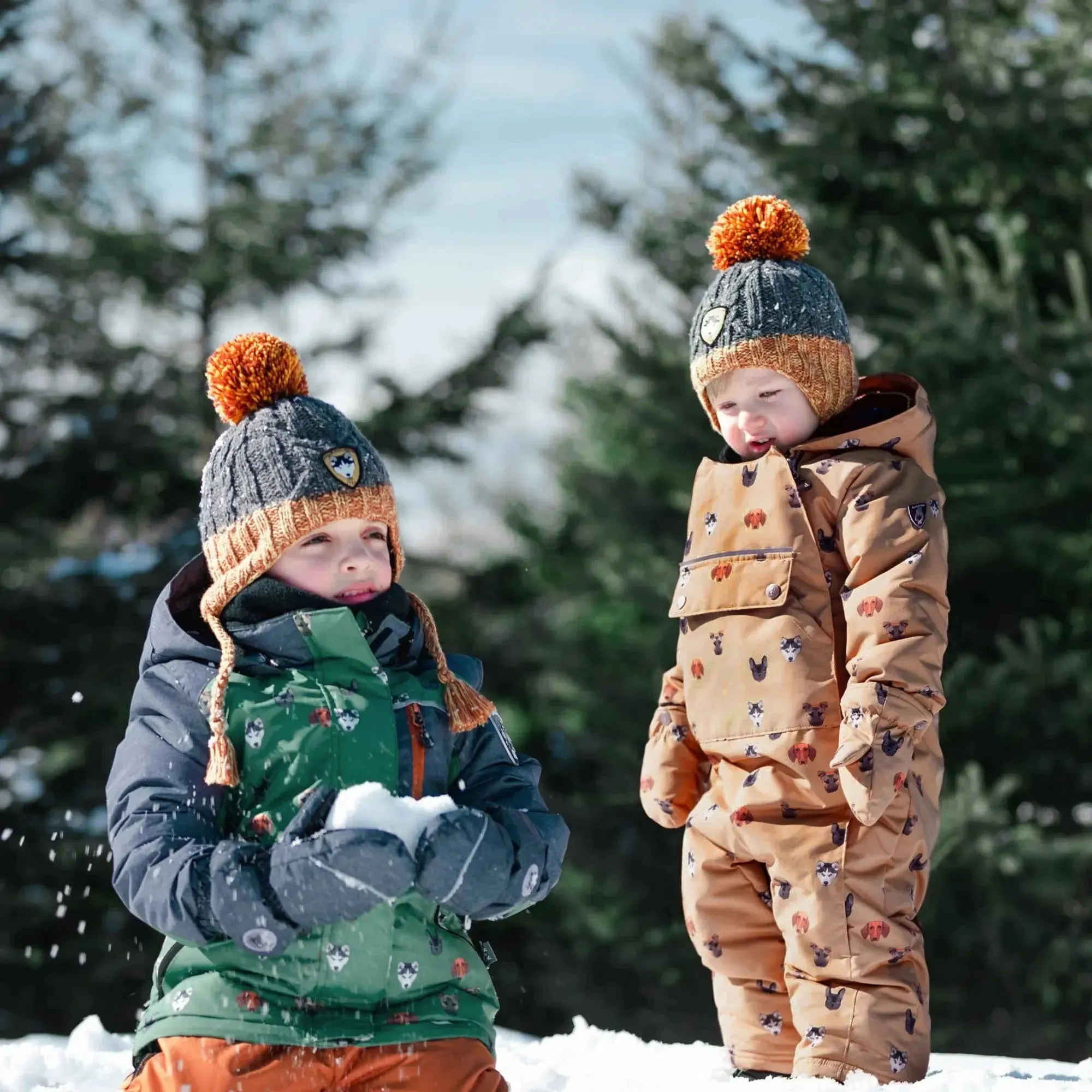 Printed Little Dogs Two Piece Boys Snowsuit Green And Brown | DEUX PAR DEUX
