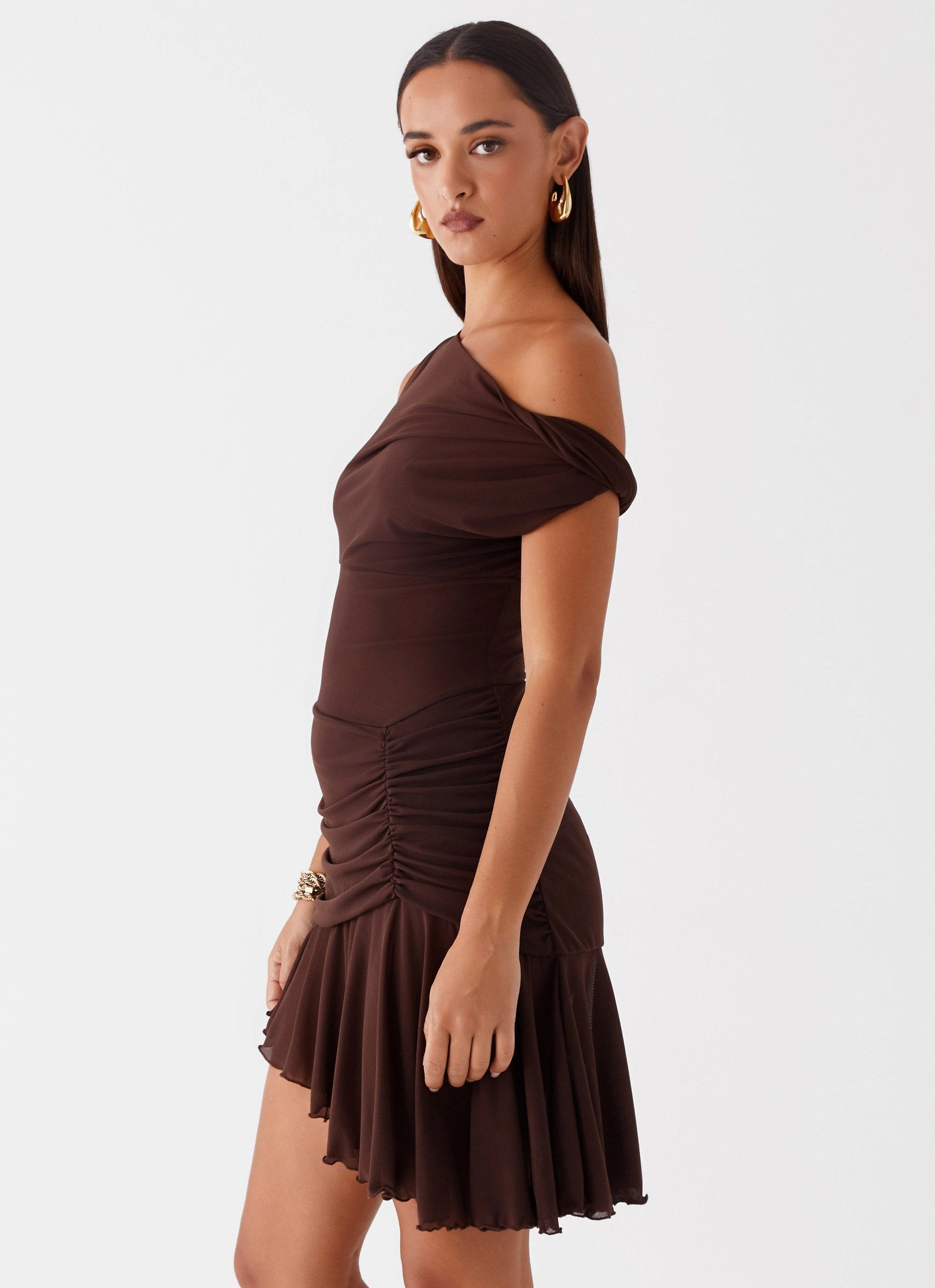 Fernleigh One Shoulder Mini Dress - Chocolate Gemstone-Detail sophisticated appearance