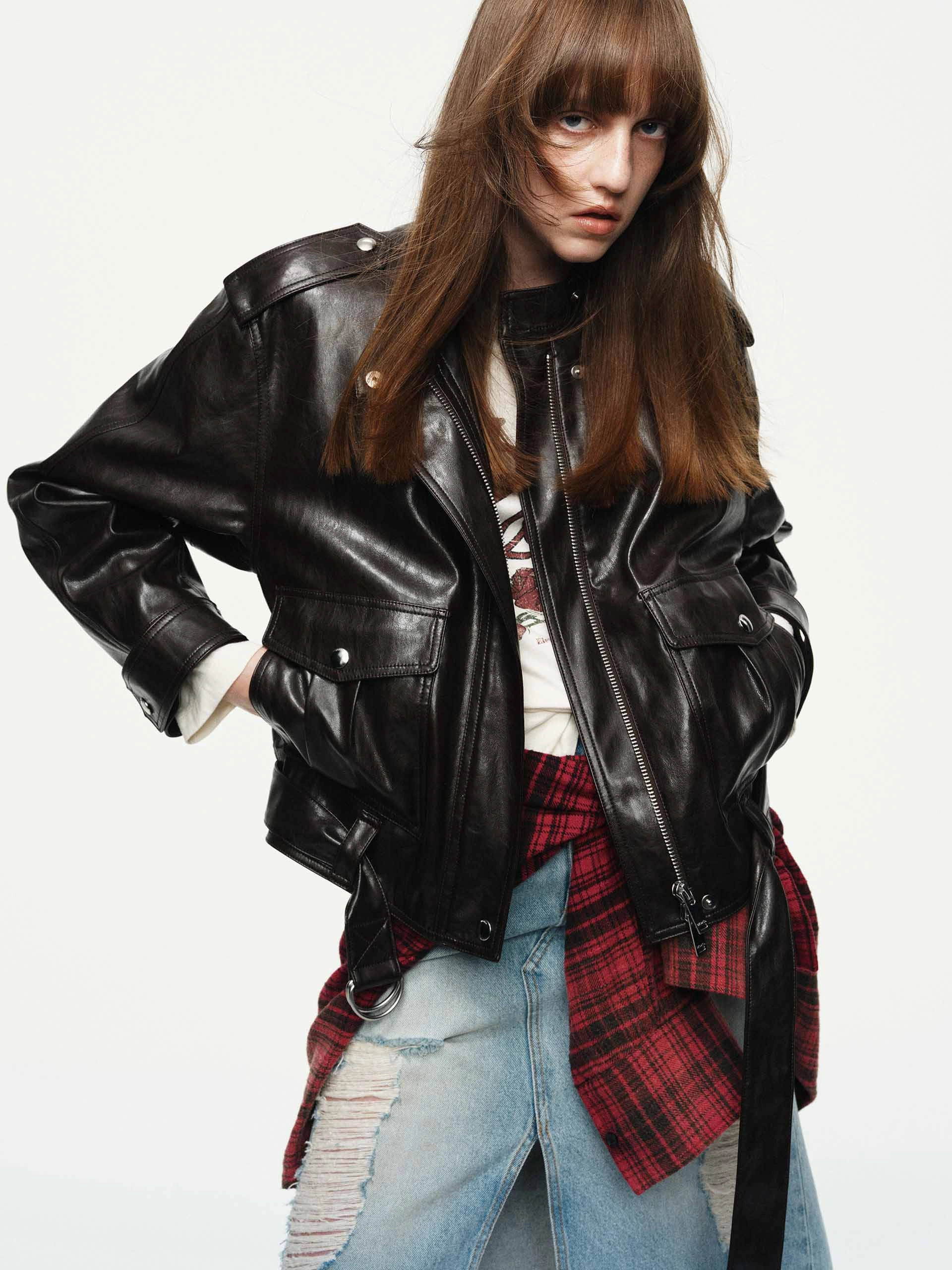 Noise Reduction Design Flexible Shoulder Panels PU Leather Bomber Jacket