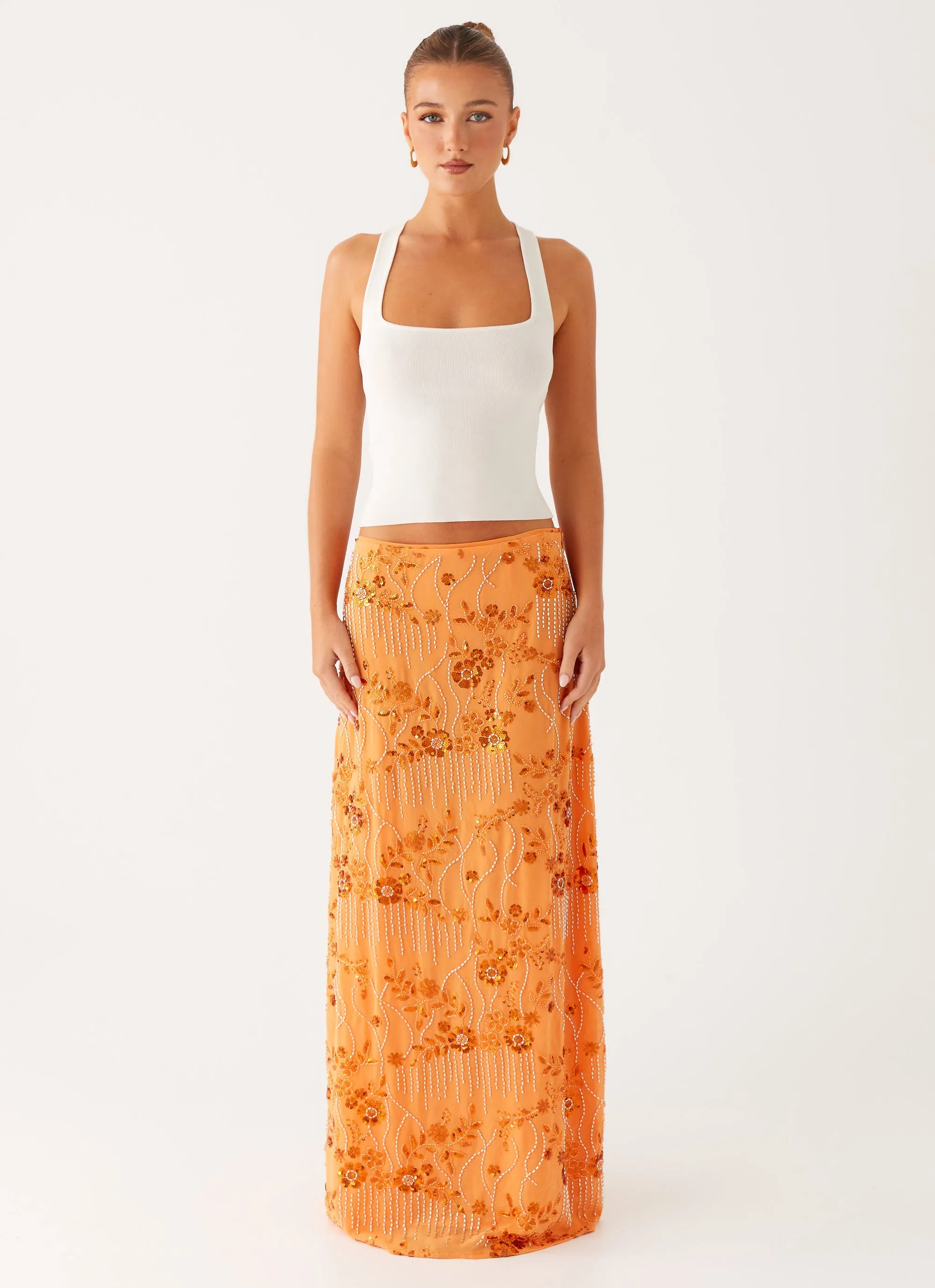Corinna Low Rise Sequin Maxi Skirt - Orange Travel Vibes