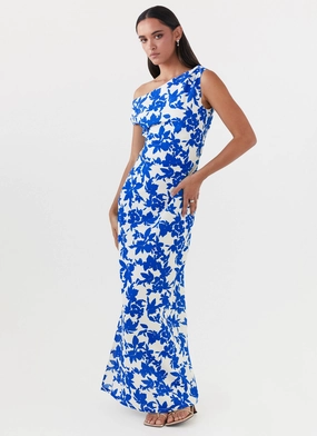 Relaxed Style Wear Soft Draping Pyper Off Shoulder Maxi Dress - Blue Floral