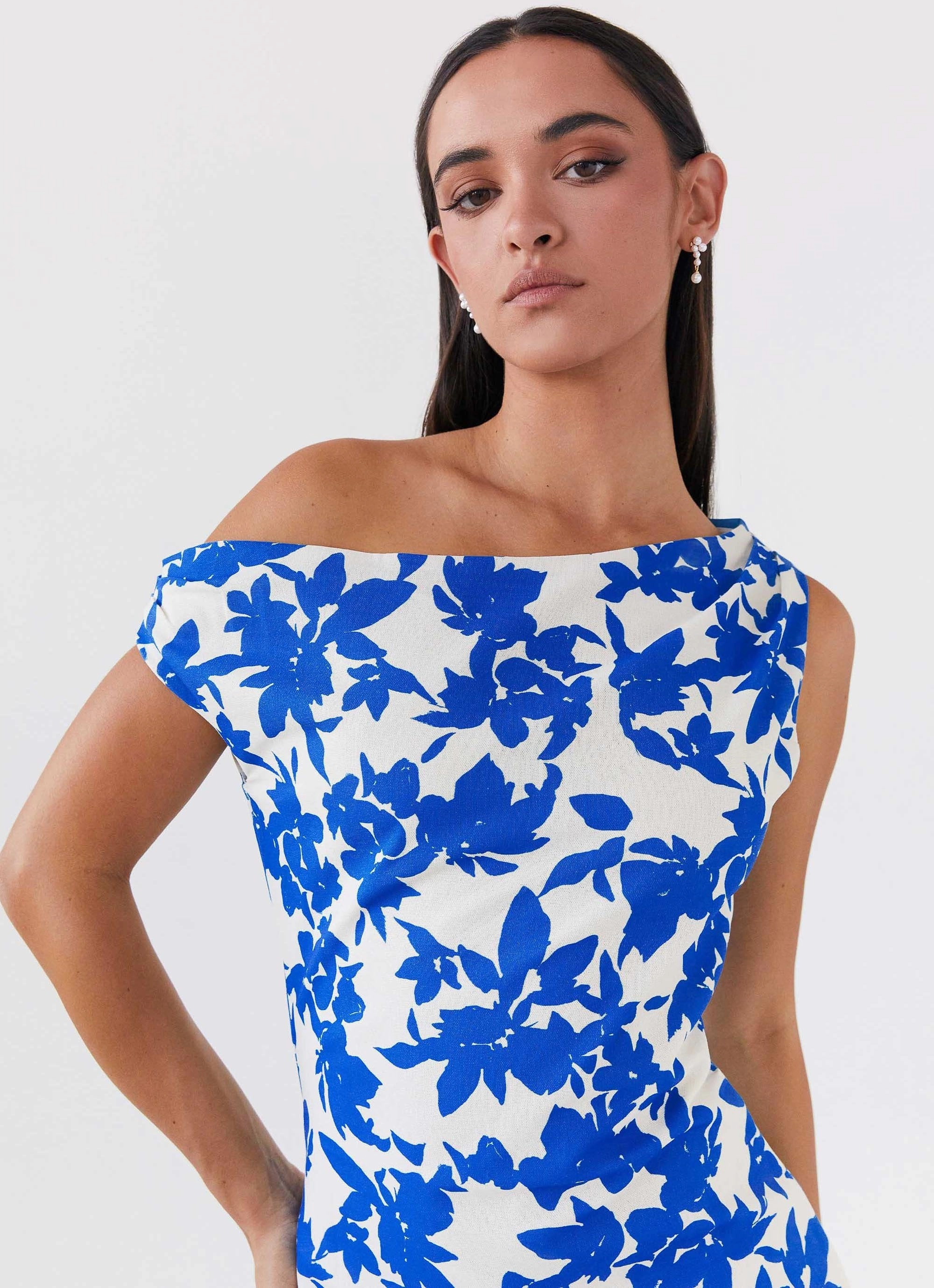 Contemporary Vibe Pyper Off Shoulder Maxi Dress - Blue Floral
