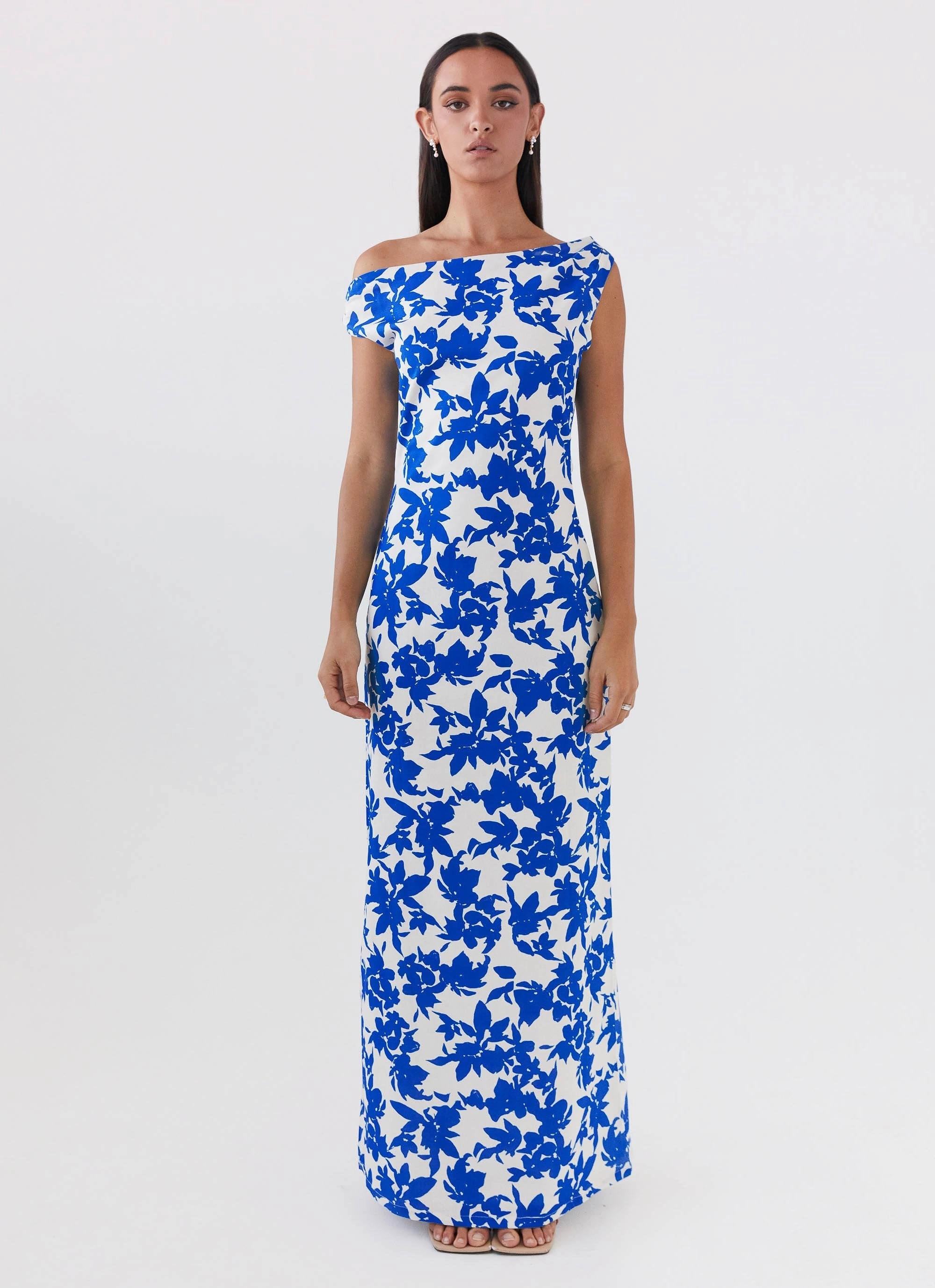 Pyper Off Shoulder Maxi Dress - Blue Floral Comfortable Waist Design Fine Texture