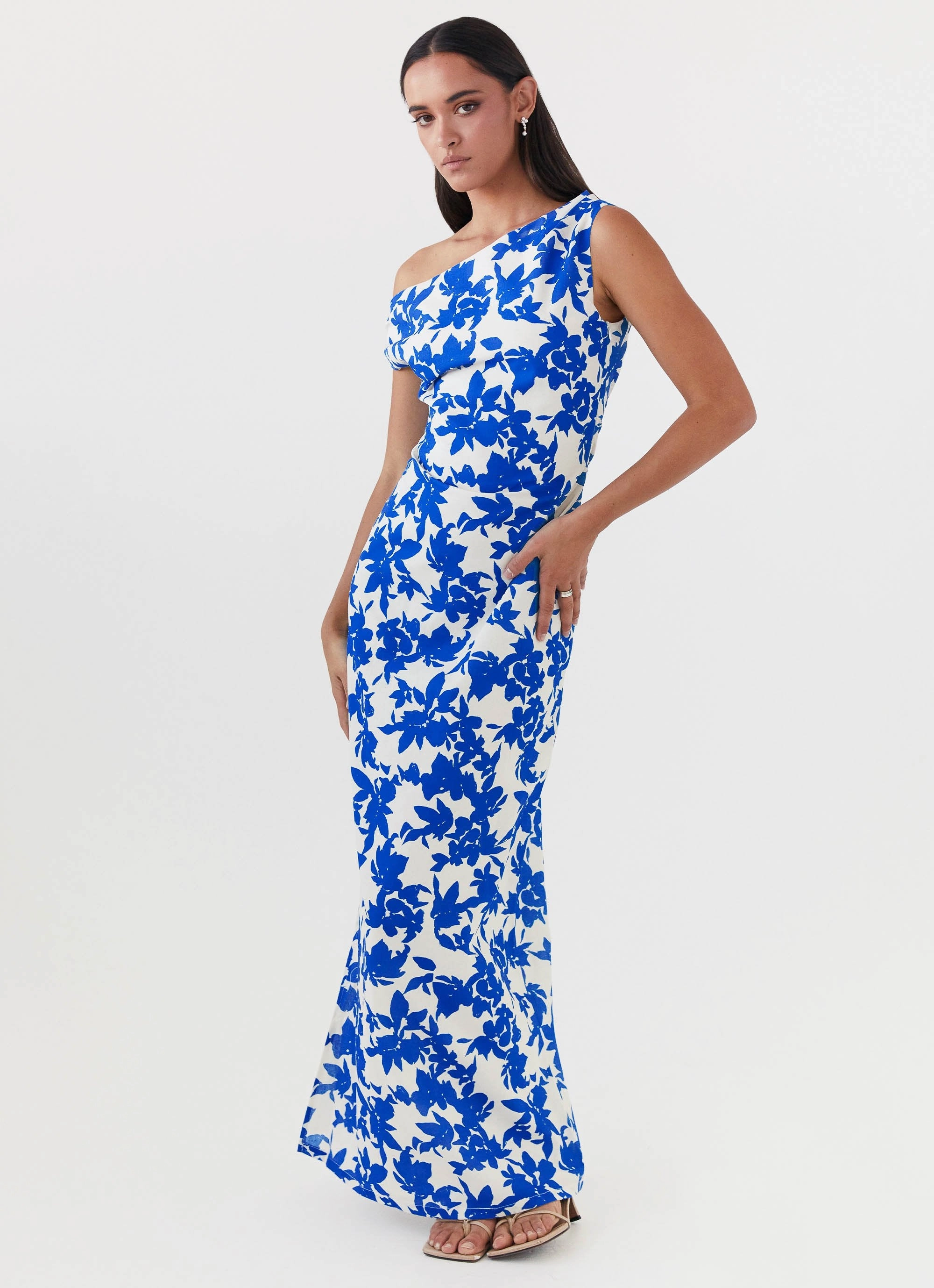 Relaxed Style Wear Soft Draping Pyper Off Shoulder Maxi Dress - Blue Floral