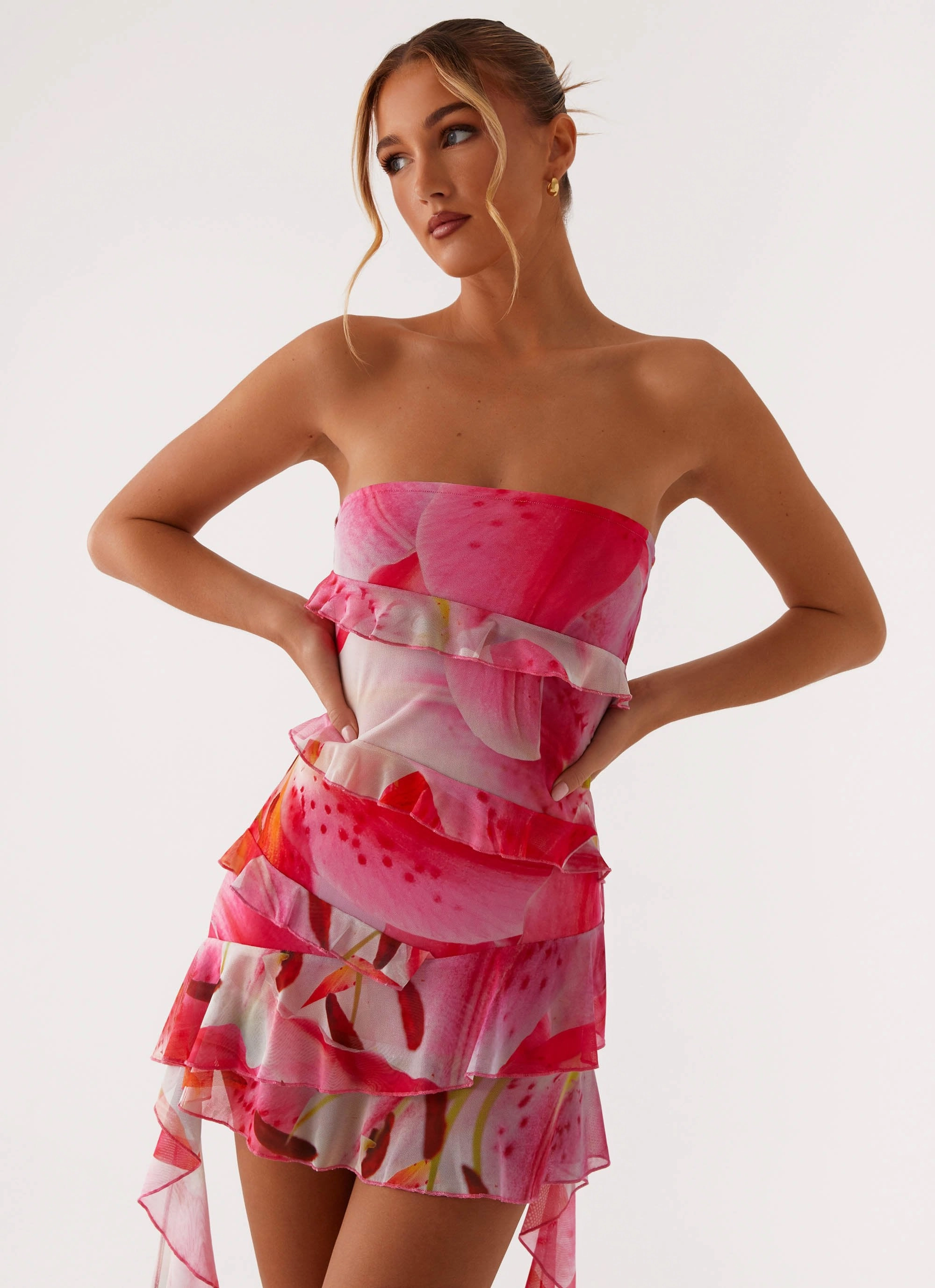 Macey Mini Dress - White Pink Lilly Night Charm